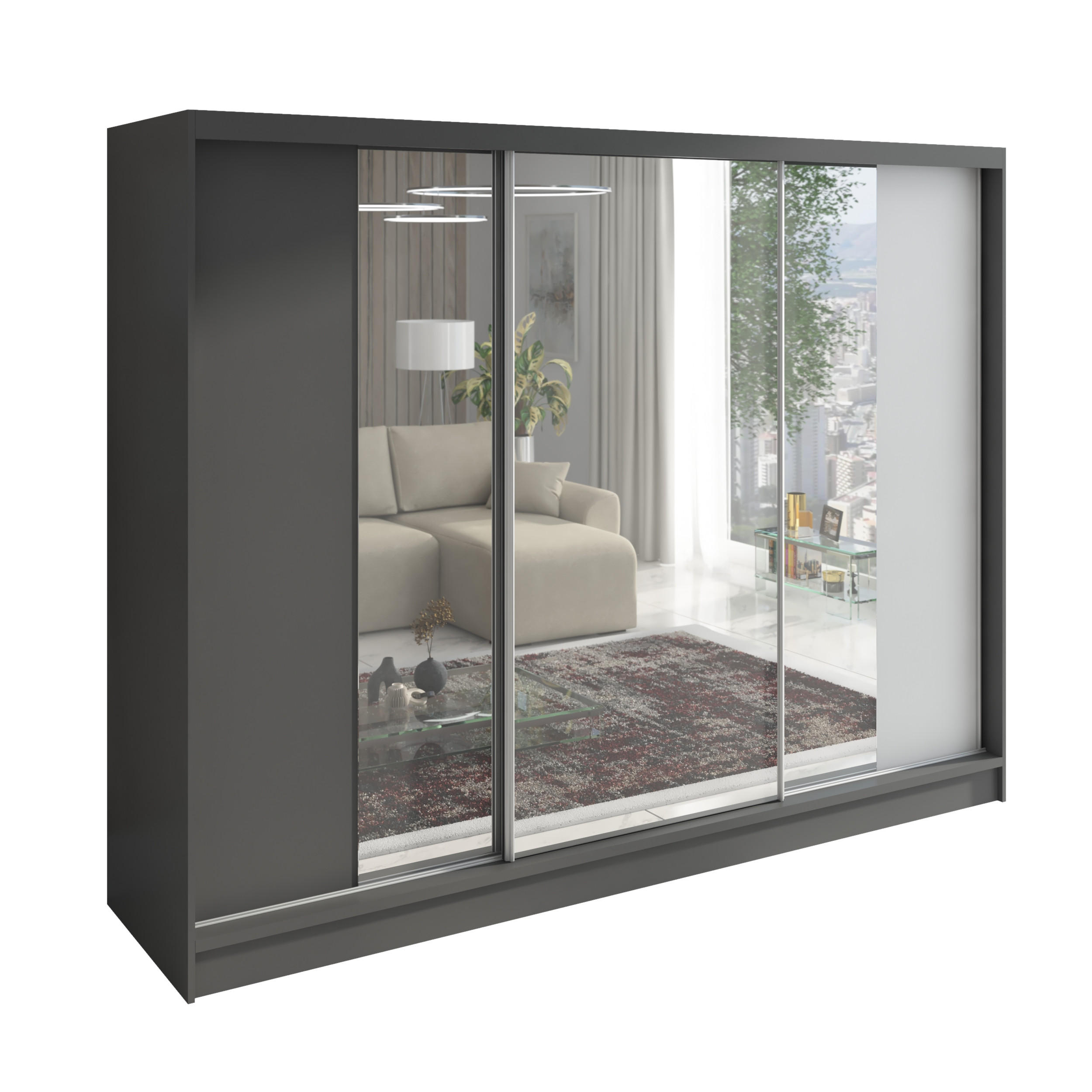 A&J MöbelLand Schwebetürenschrank Graphit, Graphit, Weiß 200x215x60 cm