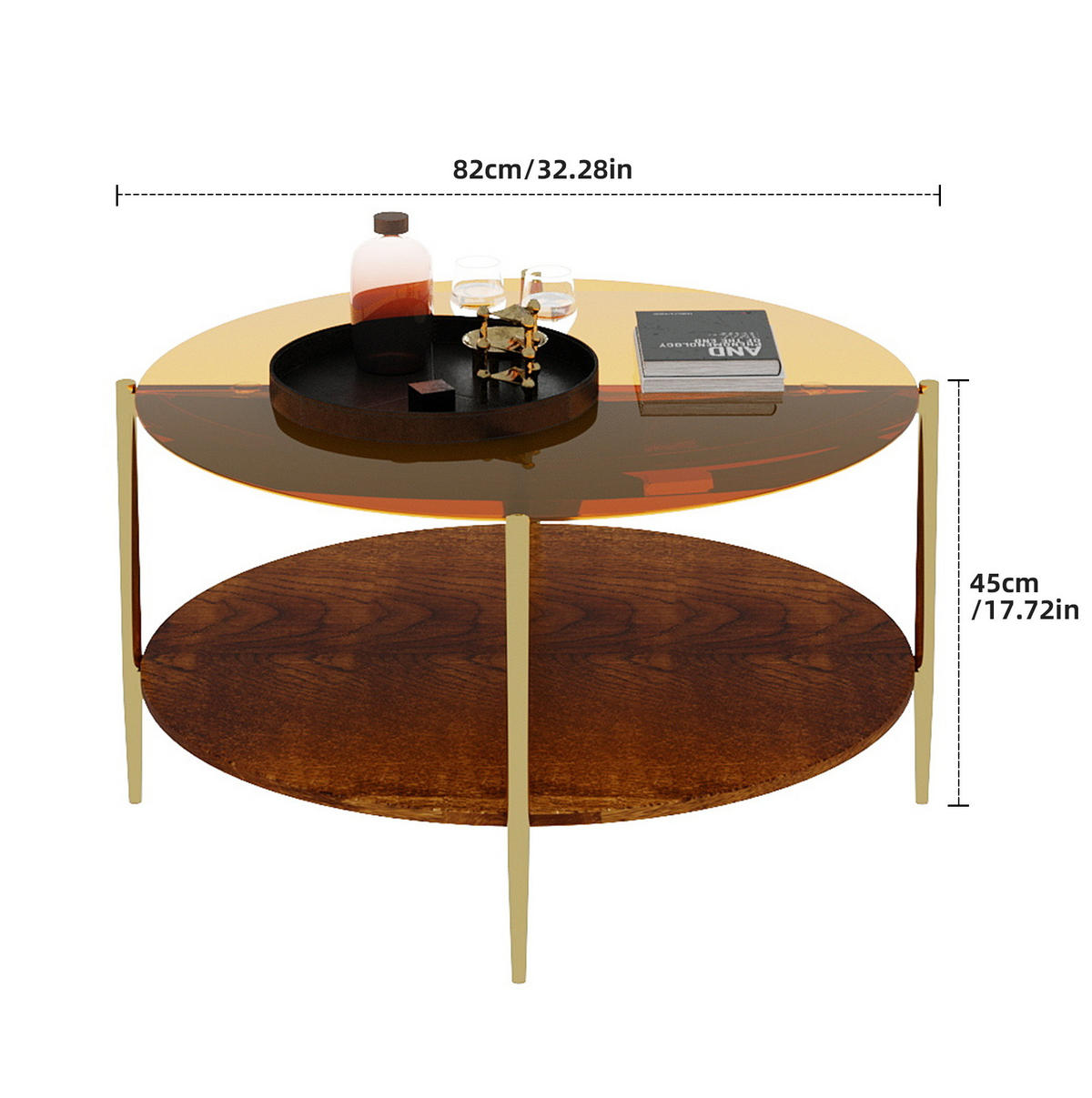 COUCHTISCH Ø82/45 cm in Gold mit Glasplatte und Holzablage - Goldfarben, Glas (82/82/45cm) - BEAOK