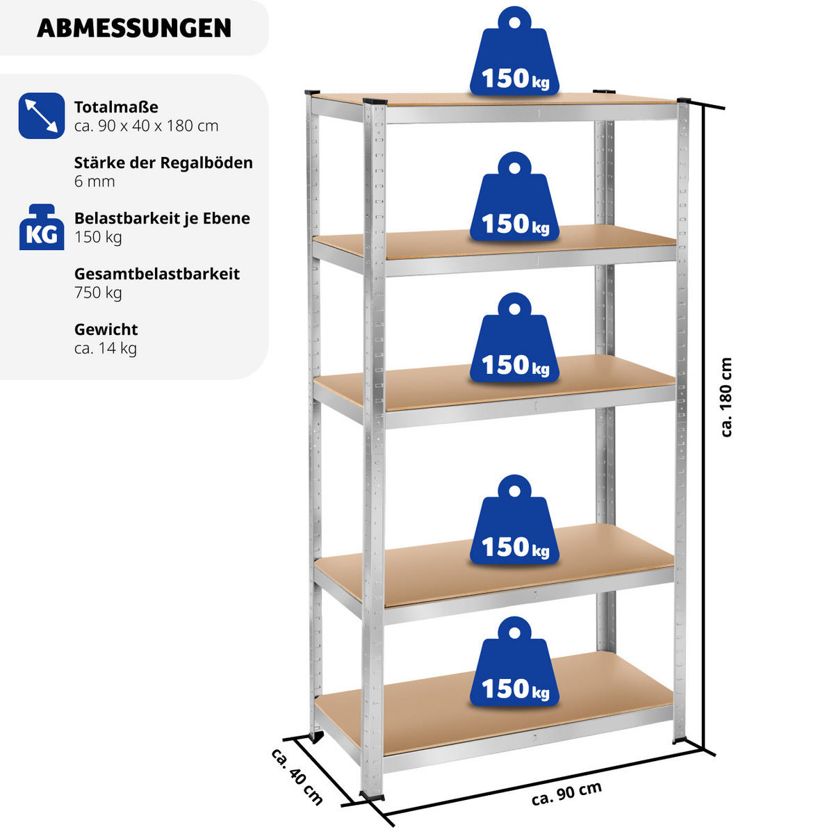 SCHWERLASTREGAL ,schnelle Montage,silber - Silberfarben, Metall (40/180/90cm) - tectake