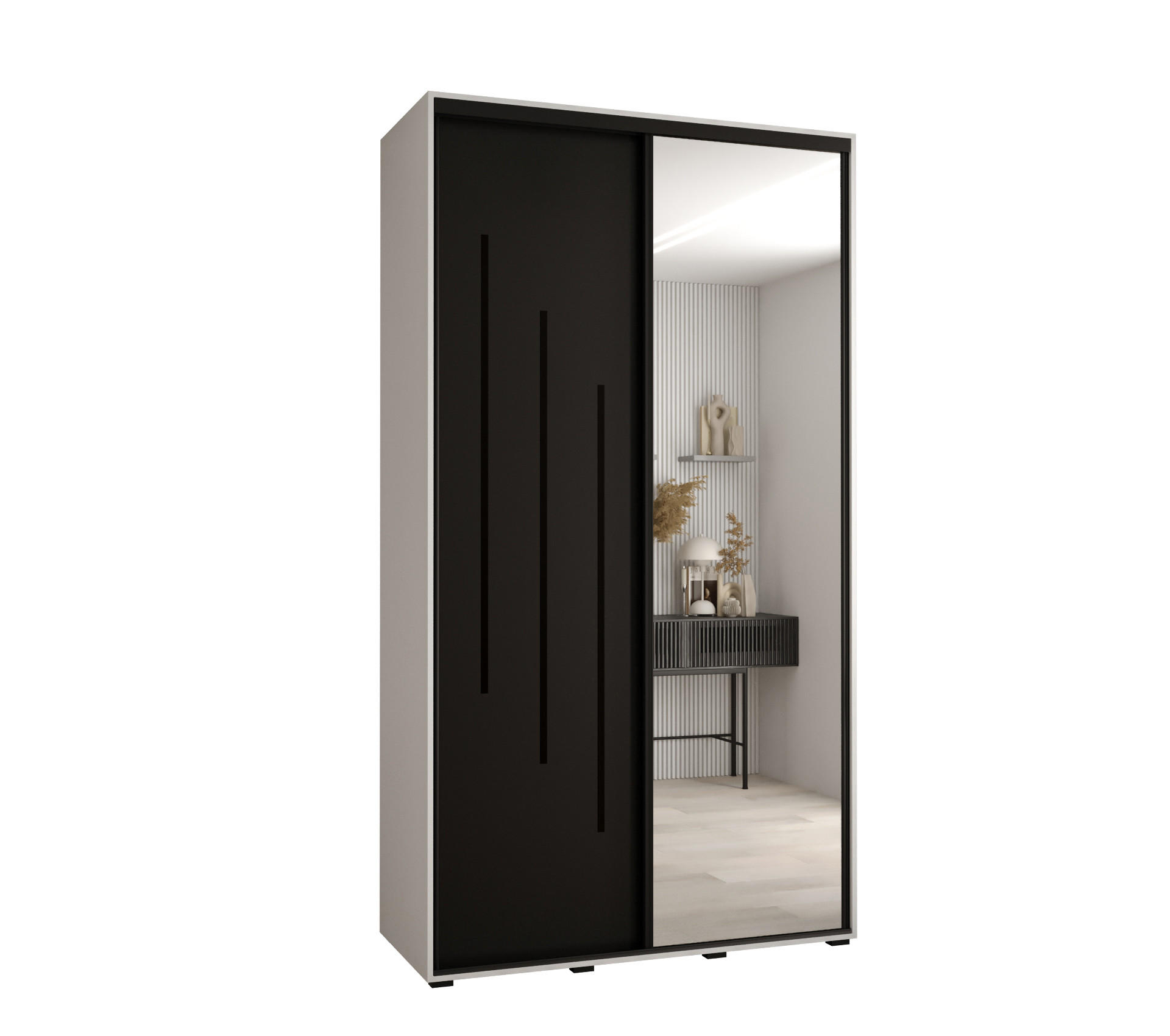 Abiks Möbel SCHWEBETÜRENSCHRANK Weiß, Schwarz, Schwarz 140cm × 60cm × 235cm