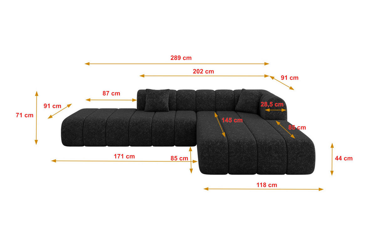 ECKSOFA Ottomane Rechts BILA-L 289x176x71 Schwarz Chenille - Schwarz, Holzwerkstoff/Kunststoff (289/176cm) - ALTDECOR