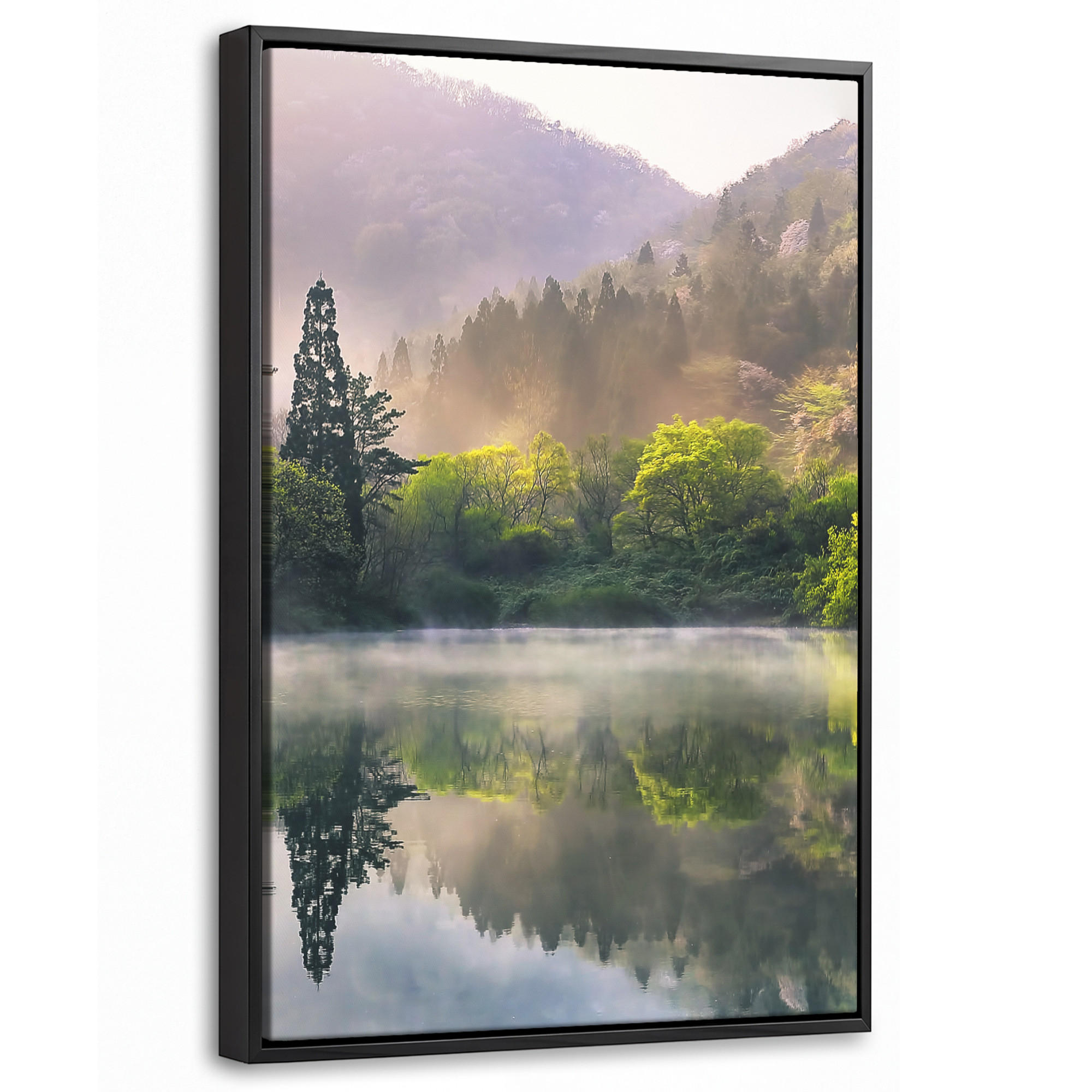 LEINWAND Bilder mit Rahmen - Natur - Bäume - Berge - See - Wasser - 40x60 - Hellgrün, Textil (40/60cm) - MuchoWow