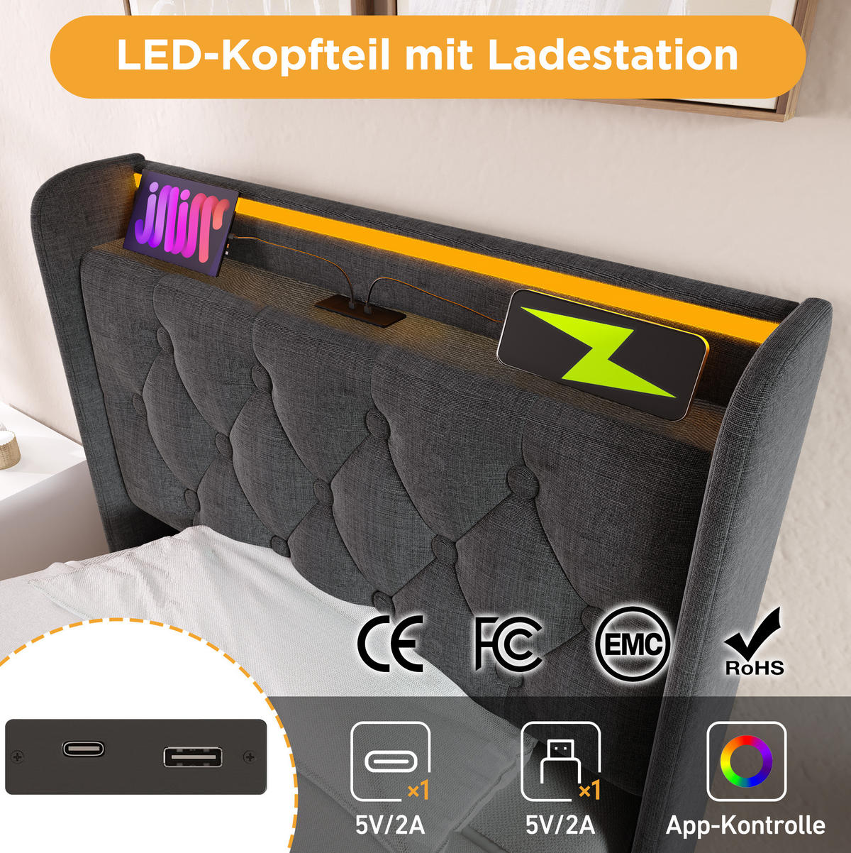 POLSTERBETT 90/200 cm Grau aus Leinen mit LED und Bettkasten - Grau, Textil (90/200cm) - OKMYHOME