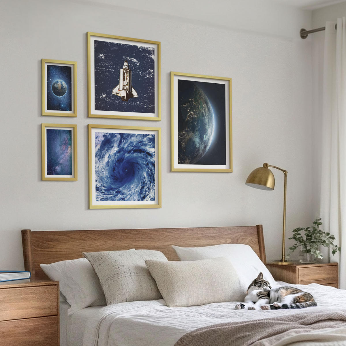 WANDBILDER 5er Set - 50x50 cm & 20x30 cm & 40x60 cm Goldrahmen - Erde Weltraumsturm Galaxie - Goldfarben, Kunststoff (40/60cm) - ArtPrintCave