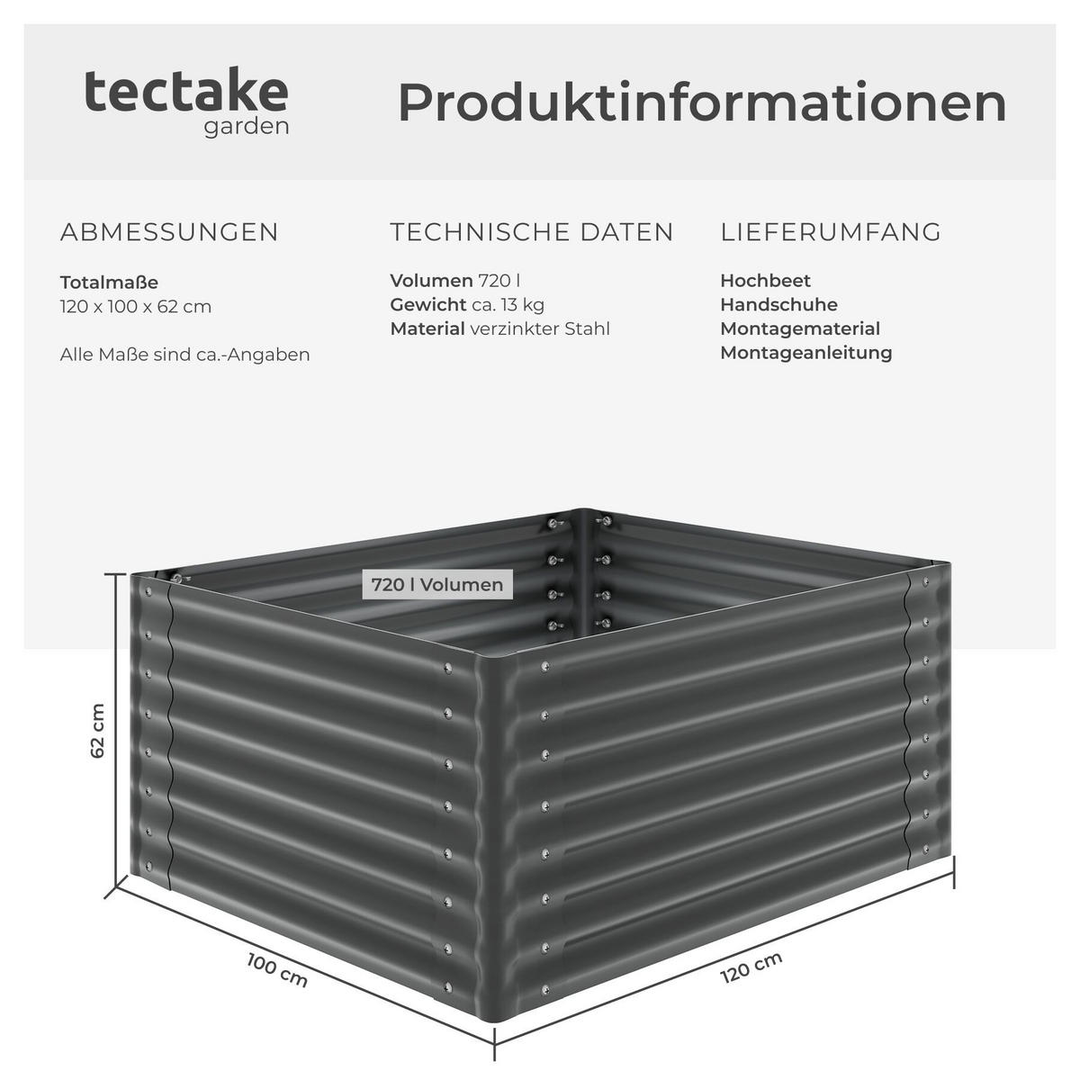 HOCHBEET Blomma, mit offenem Boden und abgerundeten Kanten, anthrazit - Anthrazit, Metall (100/62/120cm) - tectake