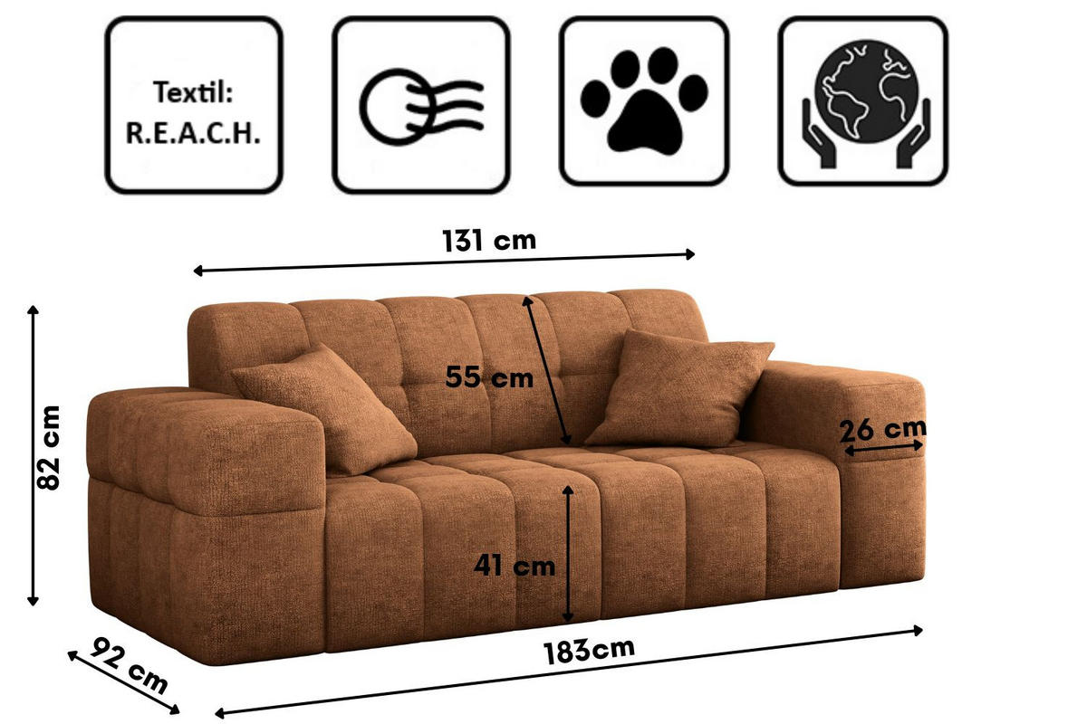 SOFA 2 Sitzer NIMES Stoff Perfect Harmony Orange - Orange, Holz/Kunststoff (183/82/92cm) - Kaiser Möbel