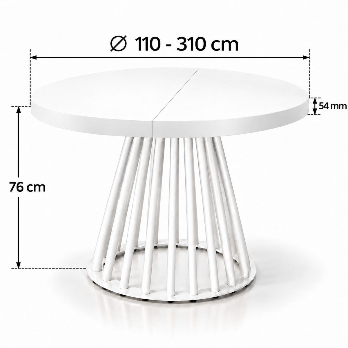 ESSTISCH rund ausziehbar 110/310/76 cm, Weiß, 54 cm Tischplatte + Lamellen-Metallgestell Schwarz - Schwarz/Weiß, Holzwerkstoff/Metall (110/310/76cm) - Damale Möbel