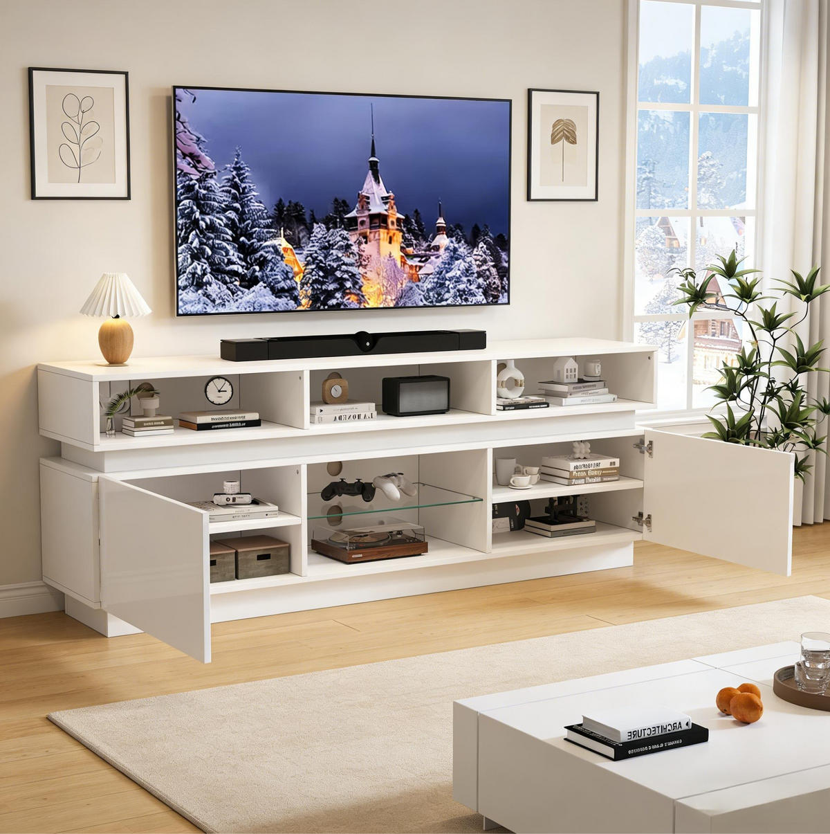 TV-ELEMENT mit 10 Fächern 160 x 35 x 60 cm MDF Weiß mit LED - Weiß, Holzwerkstoff (35/60/160cm) - Beauniv