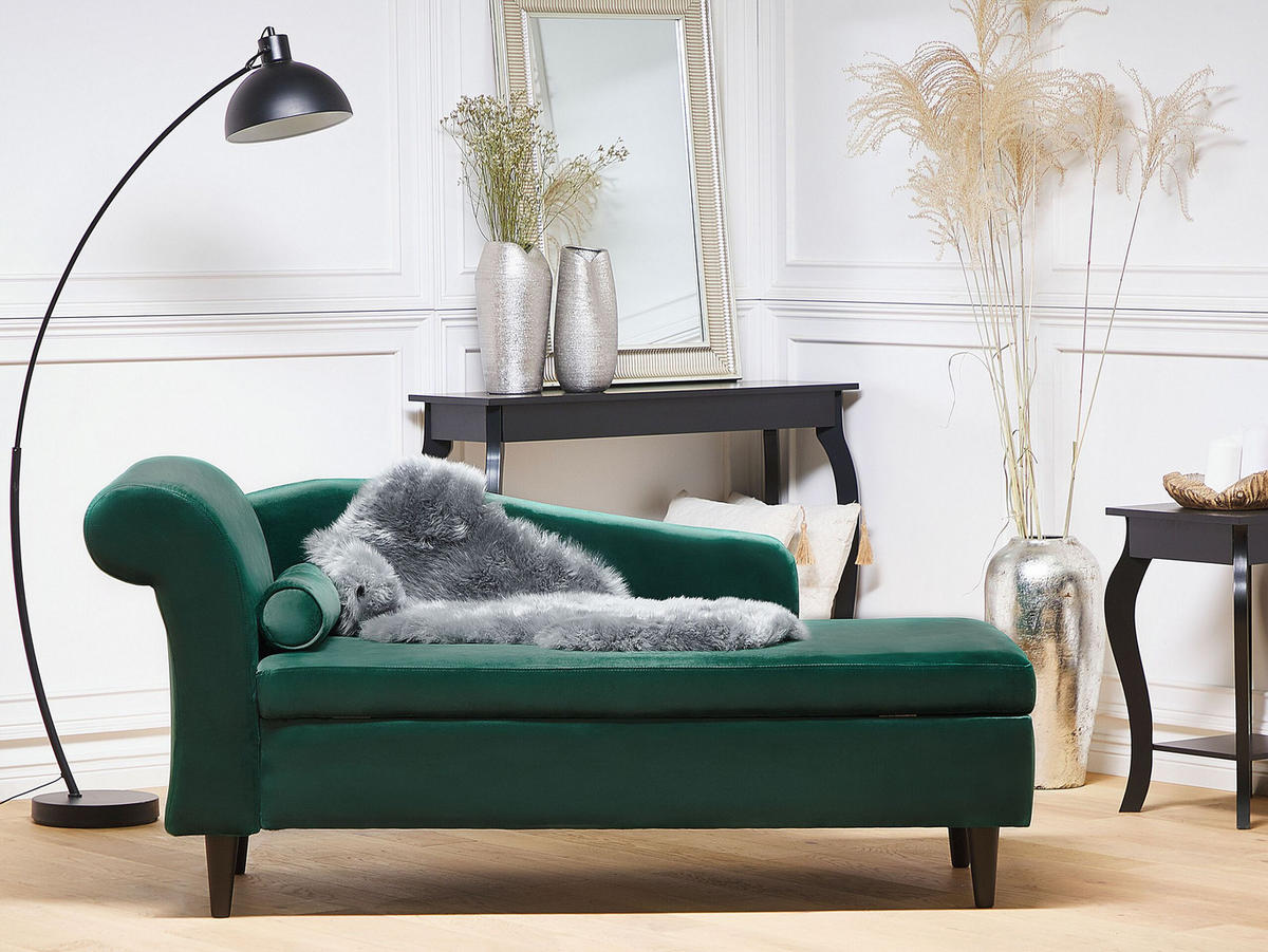 CHAISELONGUE Samtstoff smaragdgrün linksseitig Luiro - Dunkelbraun/Grün, Textil (160/77/70cm) - Beliani