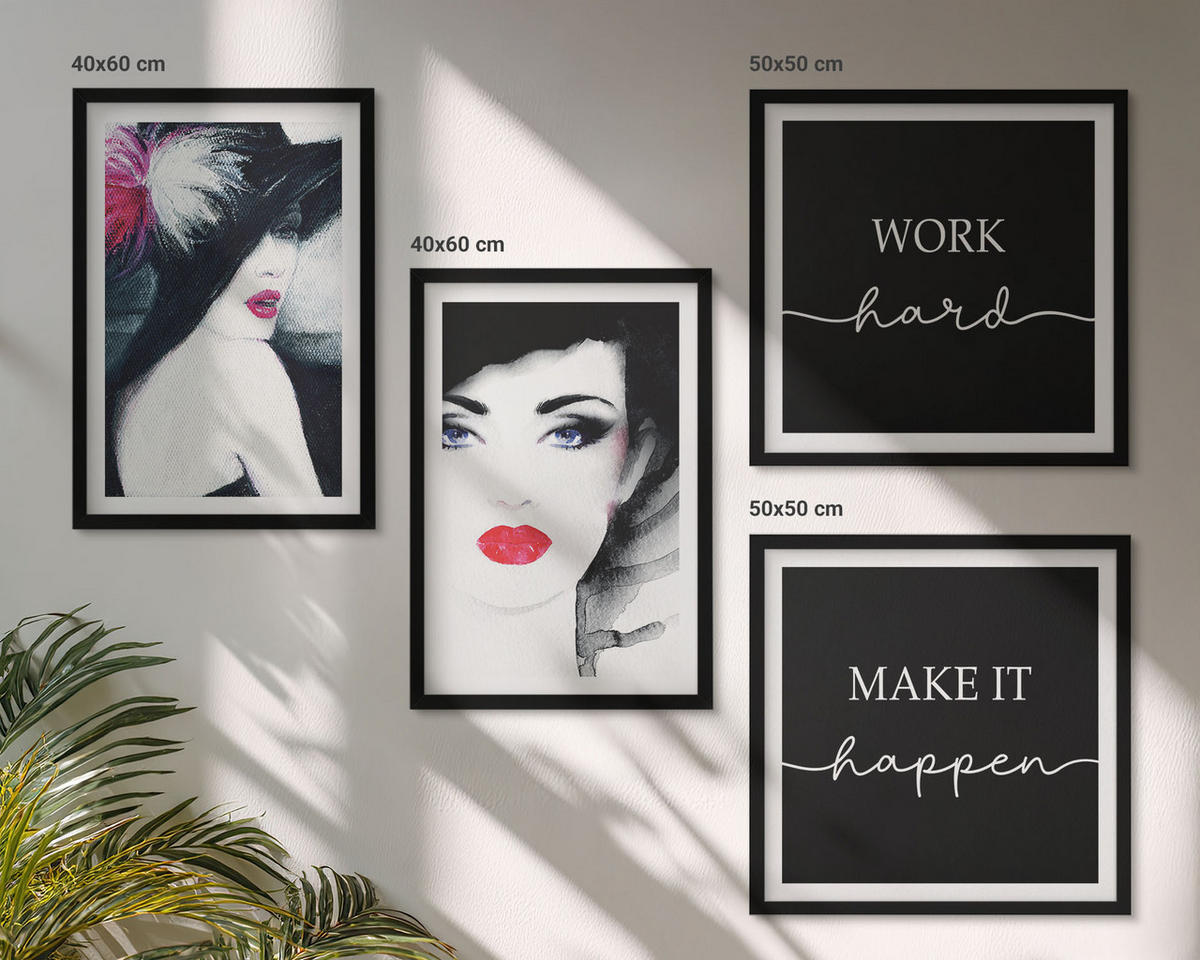 BILDER SET 4er Set - 50x50 cm & 40x60 cm Schwarzer Rahmen - Porträts von Frauen mit Lippen - Schwarz, Kunststoff (50/50cm) - TULUP