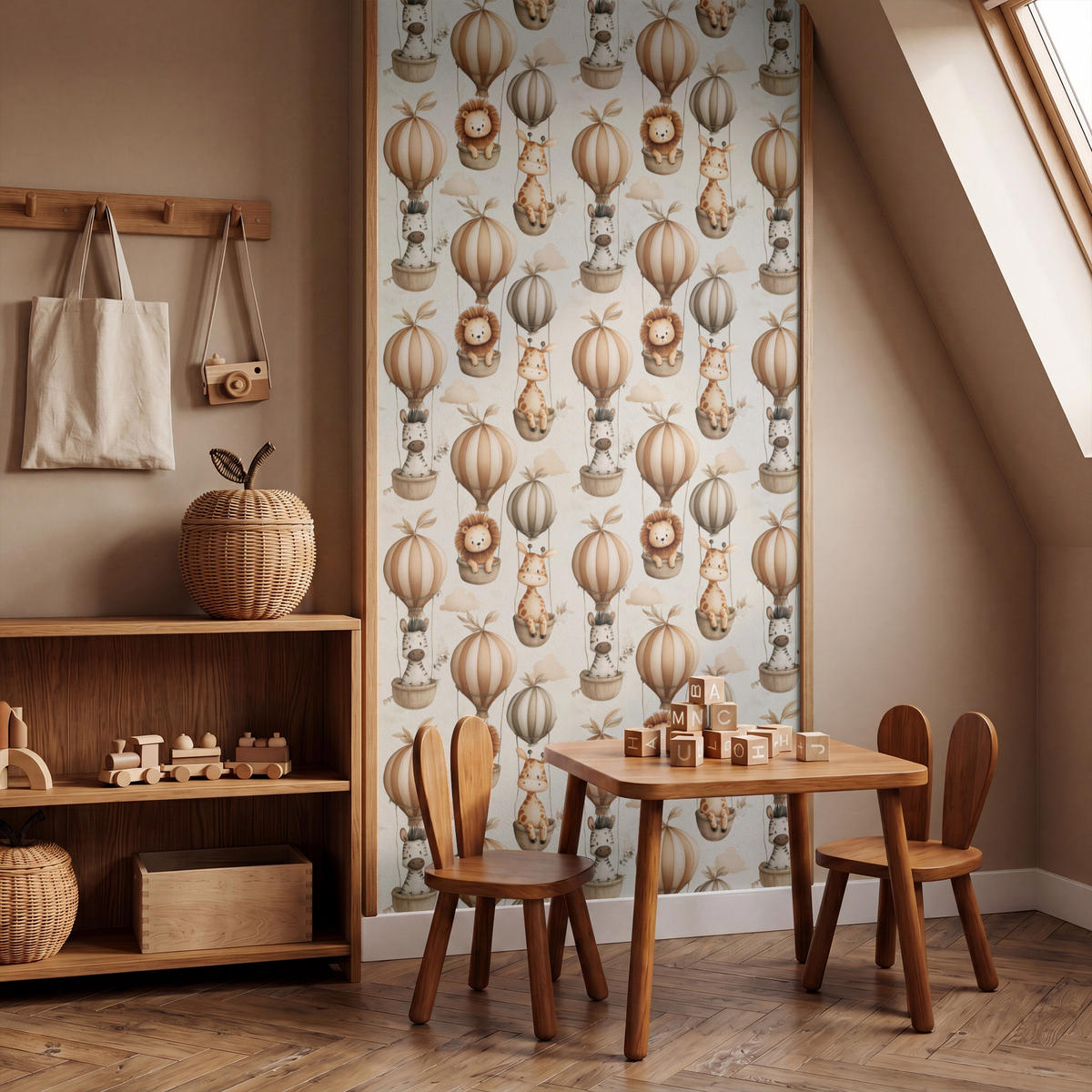 KINDERTAPETE - Safari - Heißluftballons - Taupe - 140x300 cm - Beige, Papier (140/300cm) - OnlyWow