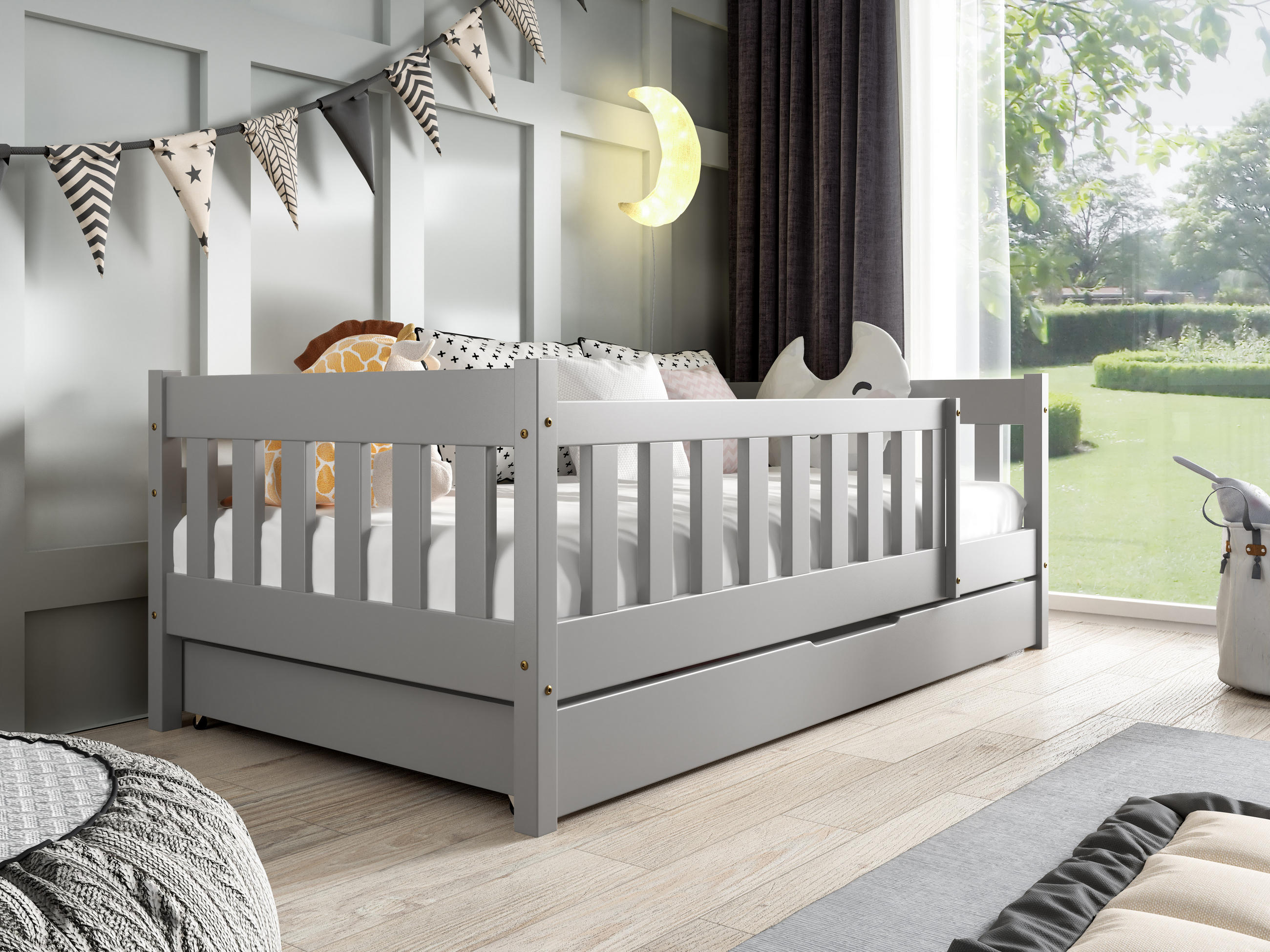 KINDERBETT ELSA mit Bettkasten 80x160 cm Hellgrau - Hellgrau, Holz (80/160cm) - MASSENO