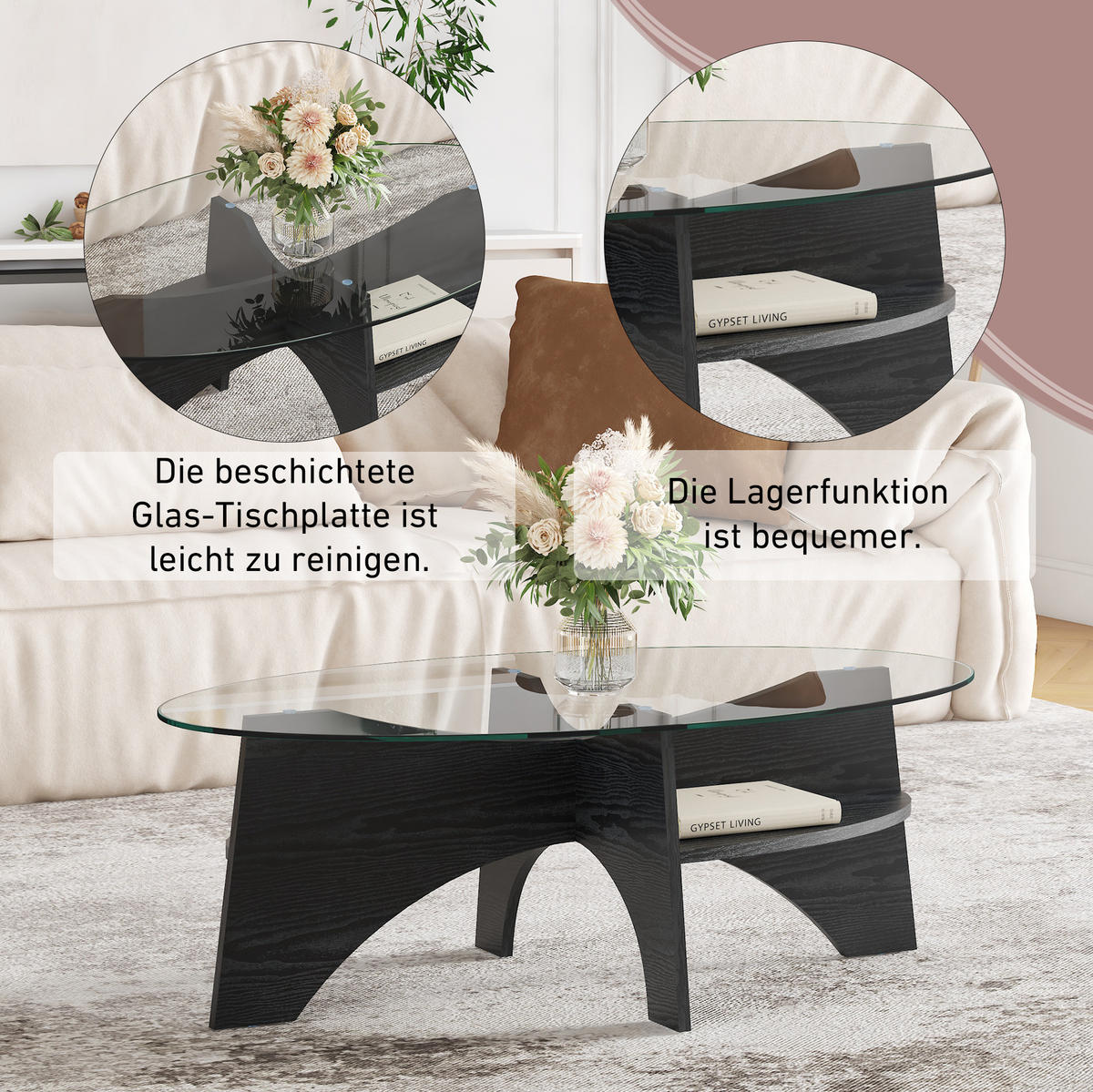BEISTELLTISCH 104,9/60/35,6 cm in Schwarz/Transparent aus Glas und MDF - Schwarz, Holzwerkstoff (104.9/60/35.6cm) - Flora Grace
