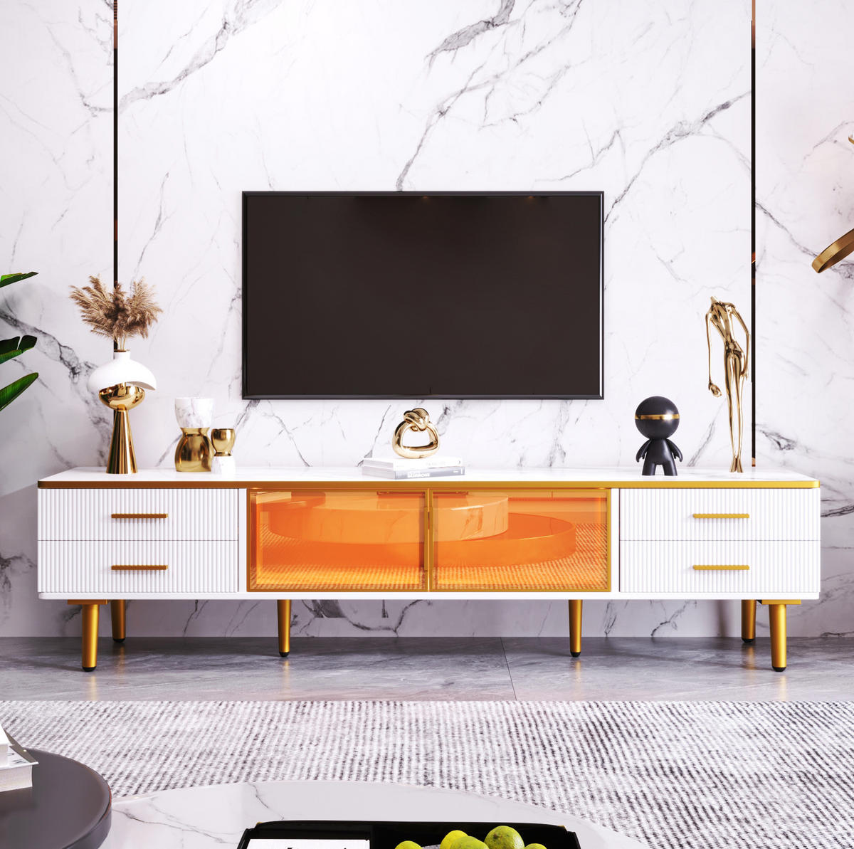 TV-SCHRANK- und Couchtisch-Set 170/37/47,5 cm weiß aus Spanplatte mit LED - Weiß, Holzwerkstoff (170/47.5/37cm) - OKWISH