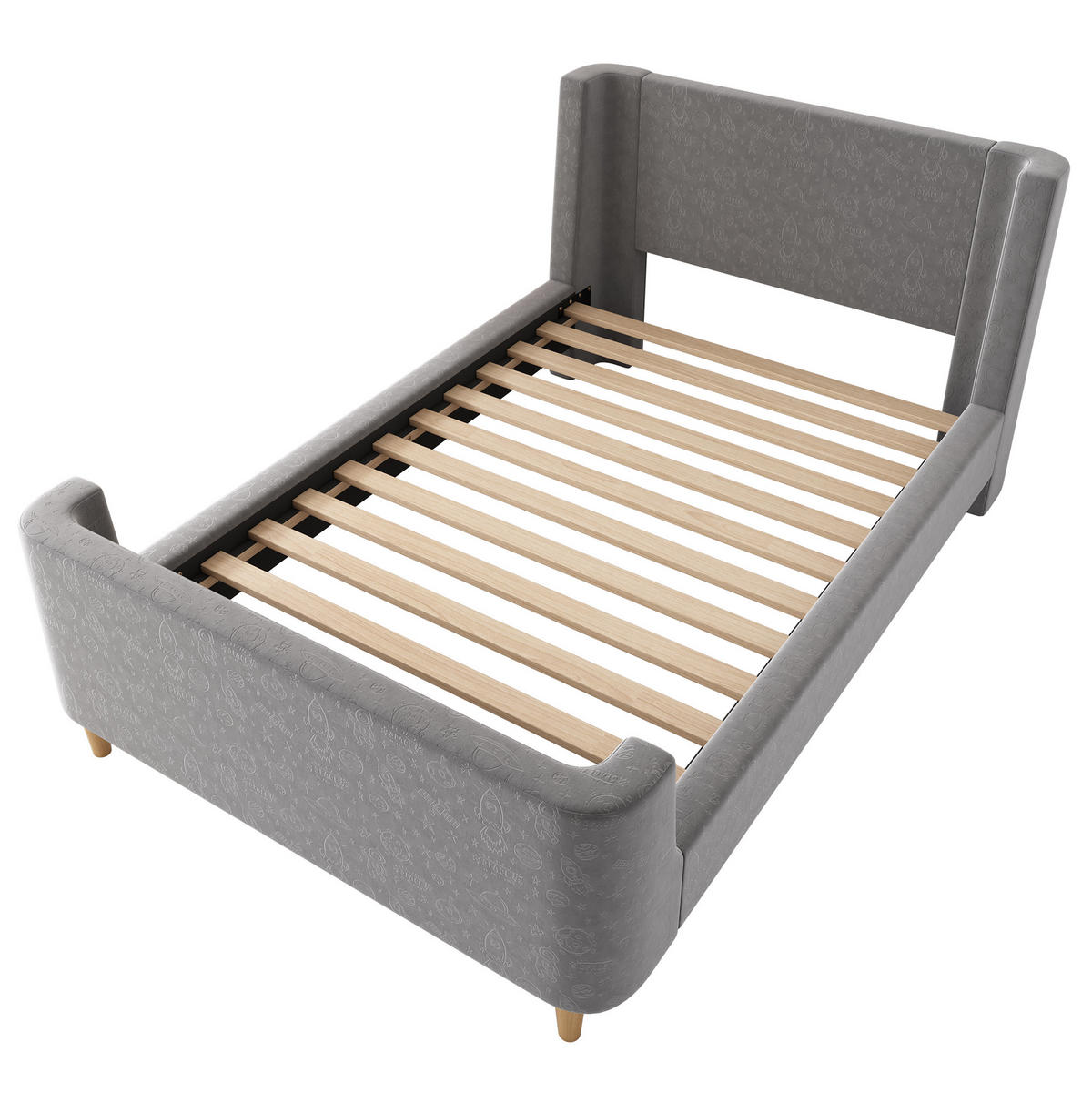 KINDERBETT aus Samt 90x200 cm Grau mit Weltraummuster und gepolstertem Kopfteil - Grau, Textil (90/200cm) - IVMEU