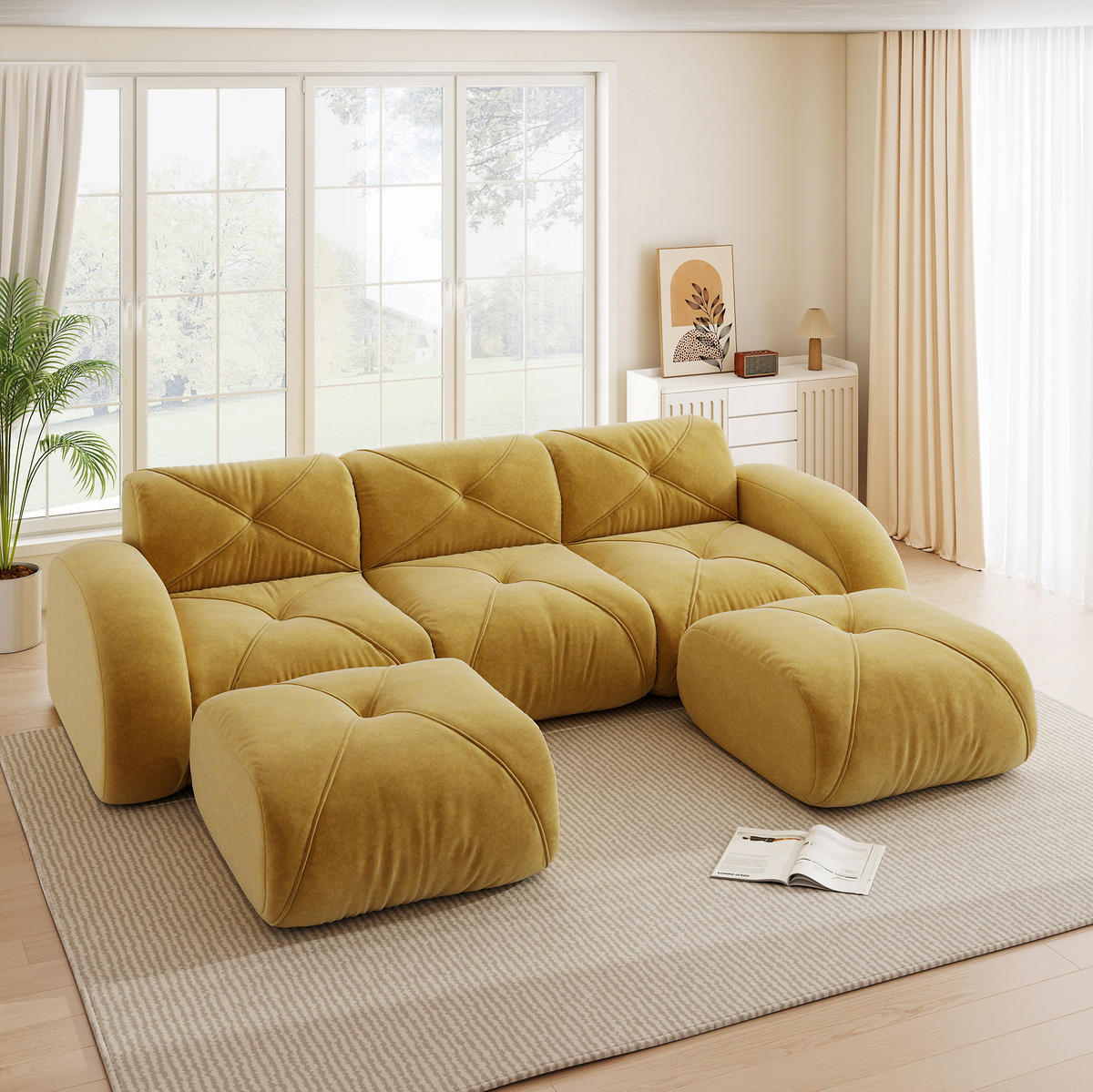 MODULSOFA U-Form 3-Sitzer mit 2 Hockern Chenille Gelb - Gelb, Kunststoff (171/76/281.1cm) - Meubliv