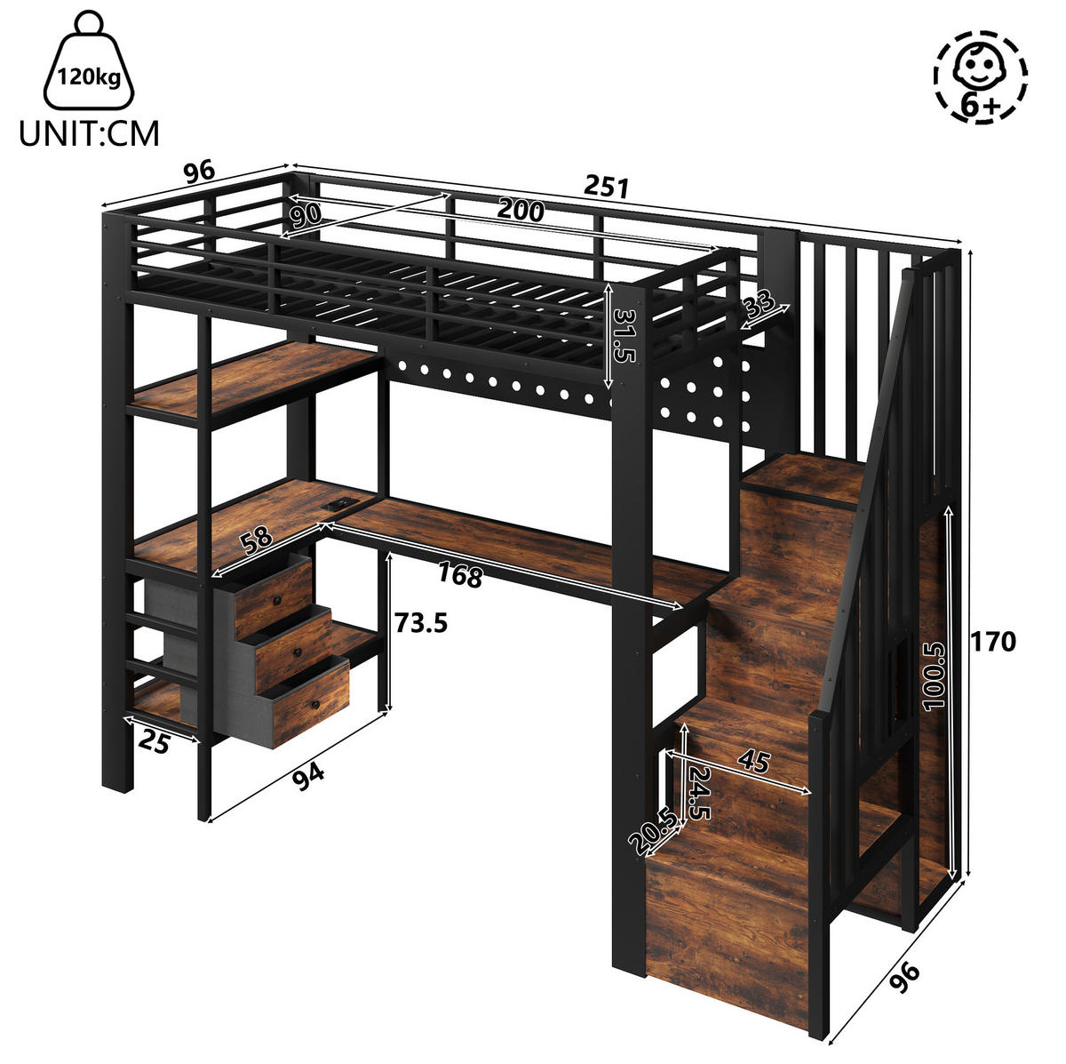 HOCHBETT 90/200 cm Schwarz mit Schubladen, Ablagefläche, Tisch, LED-Licht - Schwarz, Metall (90/200cm) - MIVRAY