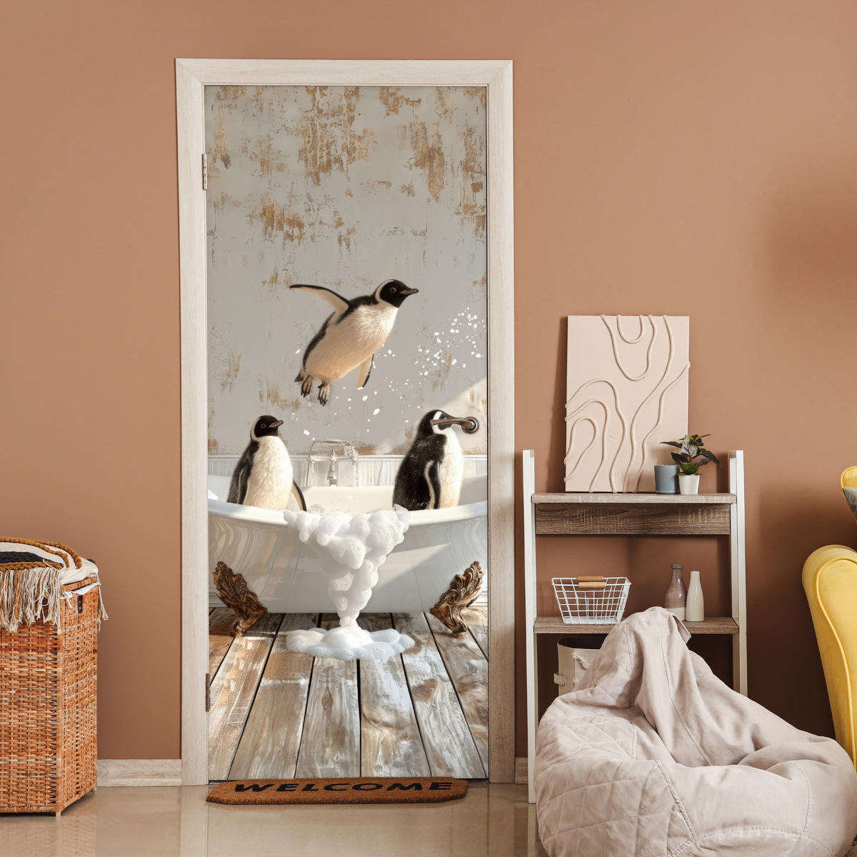 FOTOTAPETE Tür - Vintage - Pinguin - Badewanne - Schaumstoff 75x205 cm - Hellbraun, Kunststoff (75/0.1cm) - MuchoWow