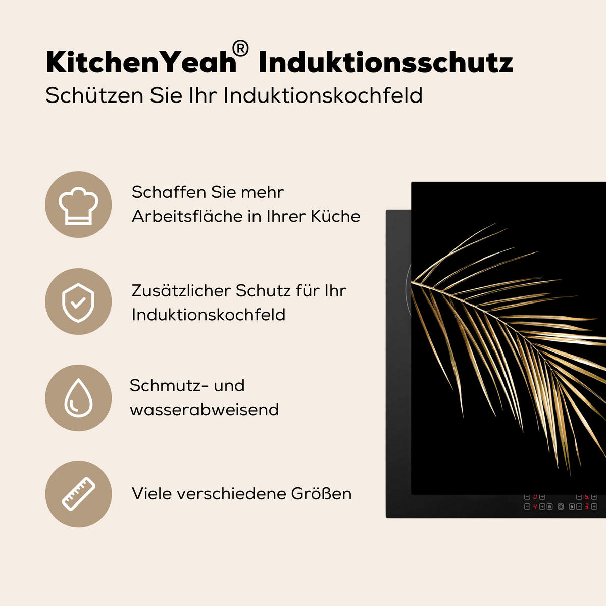 HERDABDECKPLATTE Blätter - Pflanzen - Gold - Schwarz - Luxus Induktionsmatte 71x52 cm - Goldfarben, Kunststoff (71/52/0.2cm) - MuchoWow