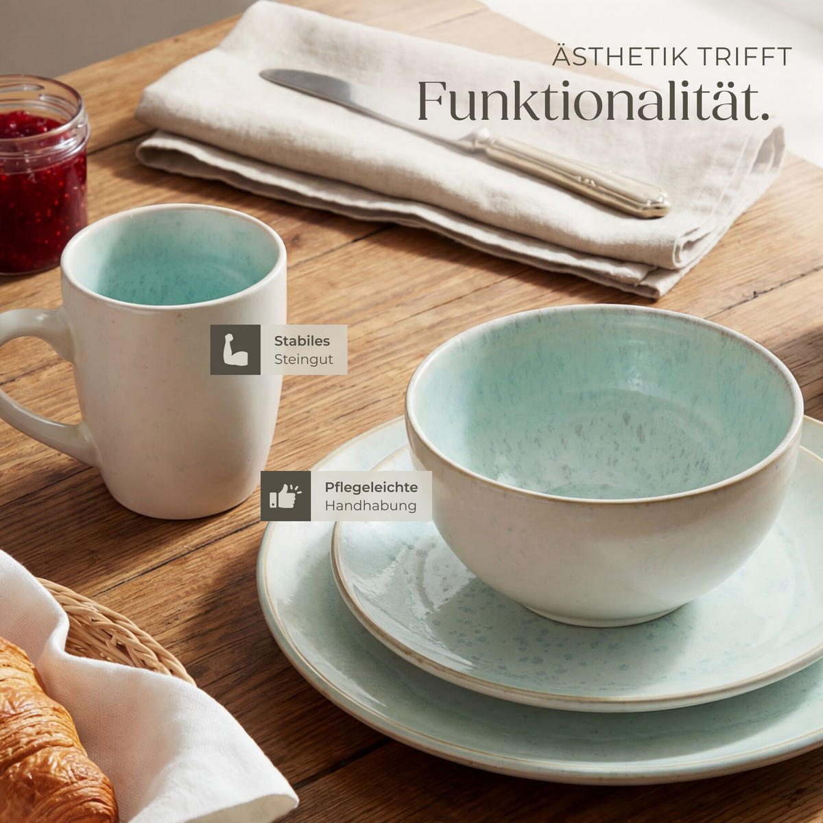 KOMBISERVICE Mare, ineinander stapelbar, Mint - Mintgrün, Keramik (26.5/2.5/26.5cm) - tectake