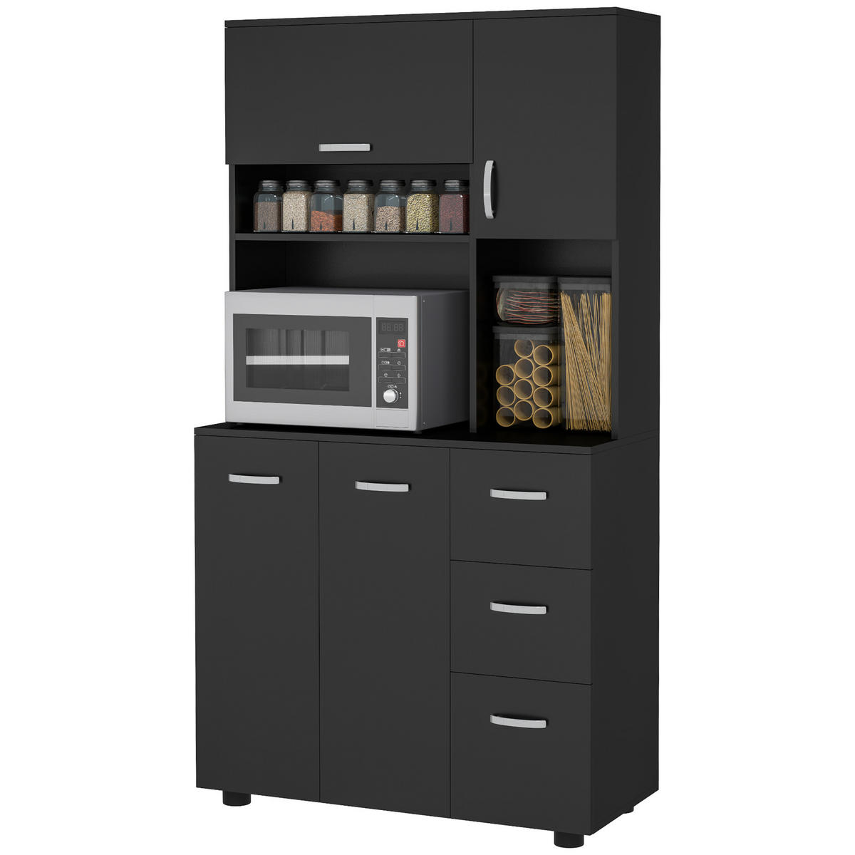 BUFFET DE-11116 4 Türen & 3 Schubladen mit Arbeitsplatte Schwarz - Schwarz, Holzwerkstoff (39.5/168/89cm) - ComfortXL