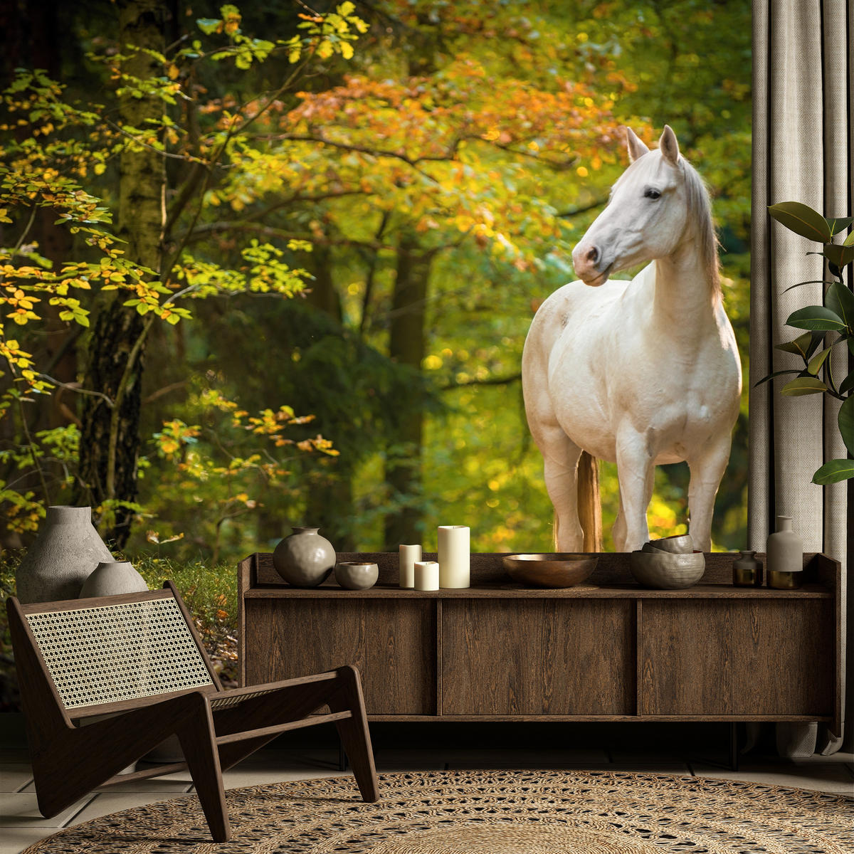 FOTOTAPETE für Schlafzimmer Weißes Pferd Wald Bäume Blätter 250x175 - Gelb/Beige, Papier (250/175cm) - Muralo