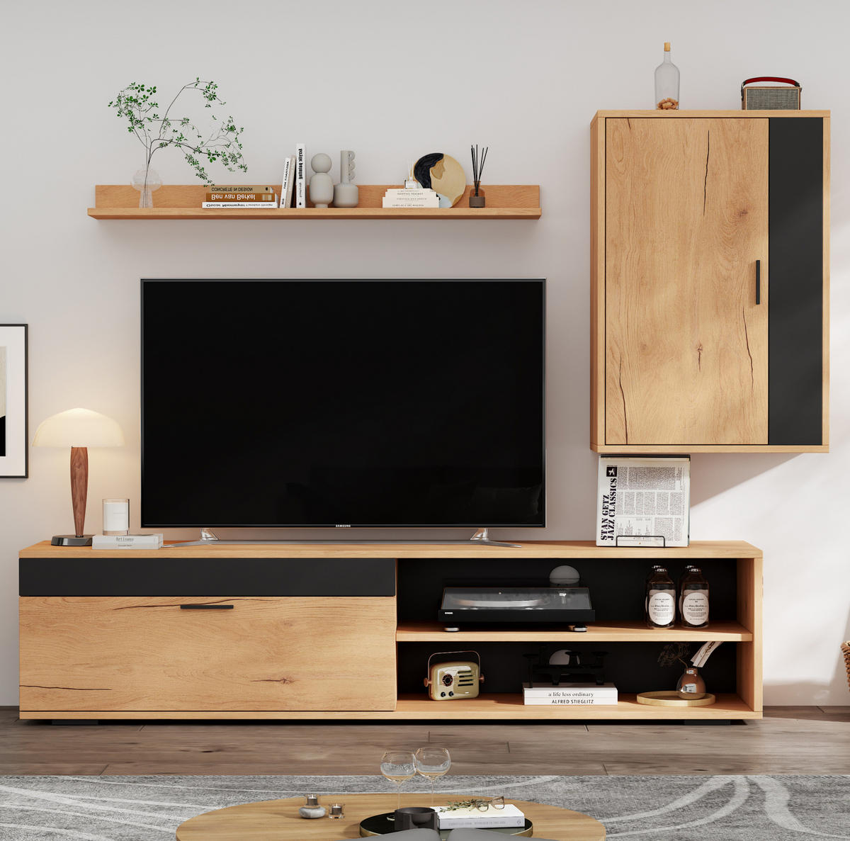 LOWBOARD TV-Möbel-Set 140/35/39 cm aus Spanplatte mit Sanftschluss-Scharnieren Eichefarben/Schwarz - Naturfarben, Holzwerkstoff (140/39/35cm) - Modenvie