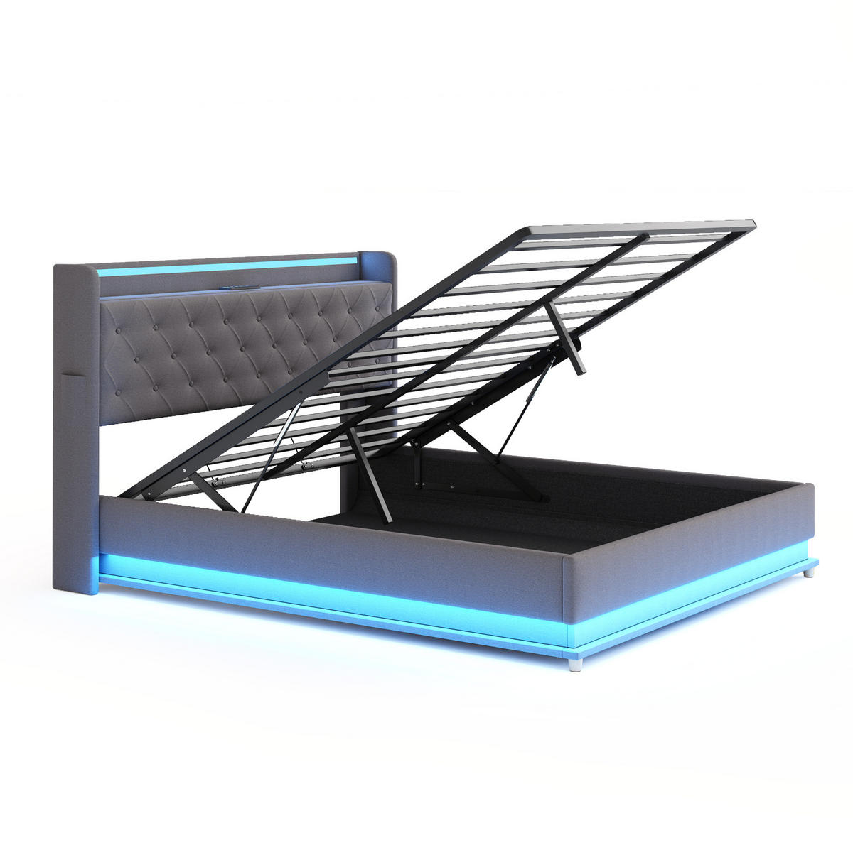 ČALÚNENÁ posteľ 140/200 cm s LED osvetlením, USB portom a hydraulickým úložným priestorom, Sivá - sivá, textil (140/200cm) - Redom