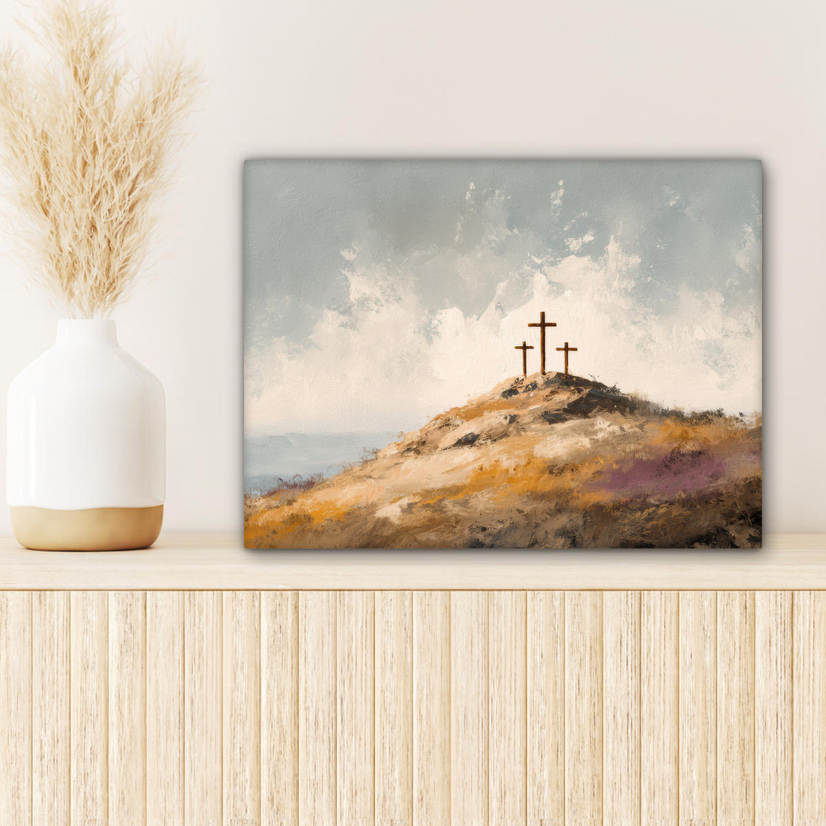 LEINWANDBILD Hügel - Abstrakt - Christentum - Kreuz Wandbild 40x30 cm - Hellgrau, Textil (40/30cm) - MuchoWow