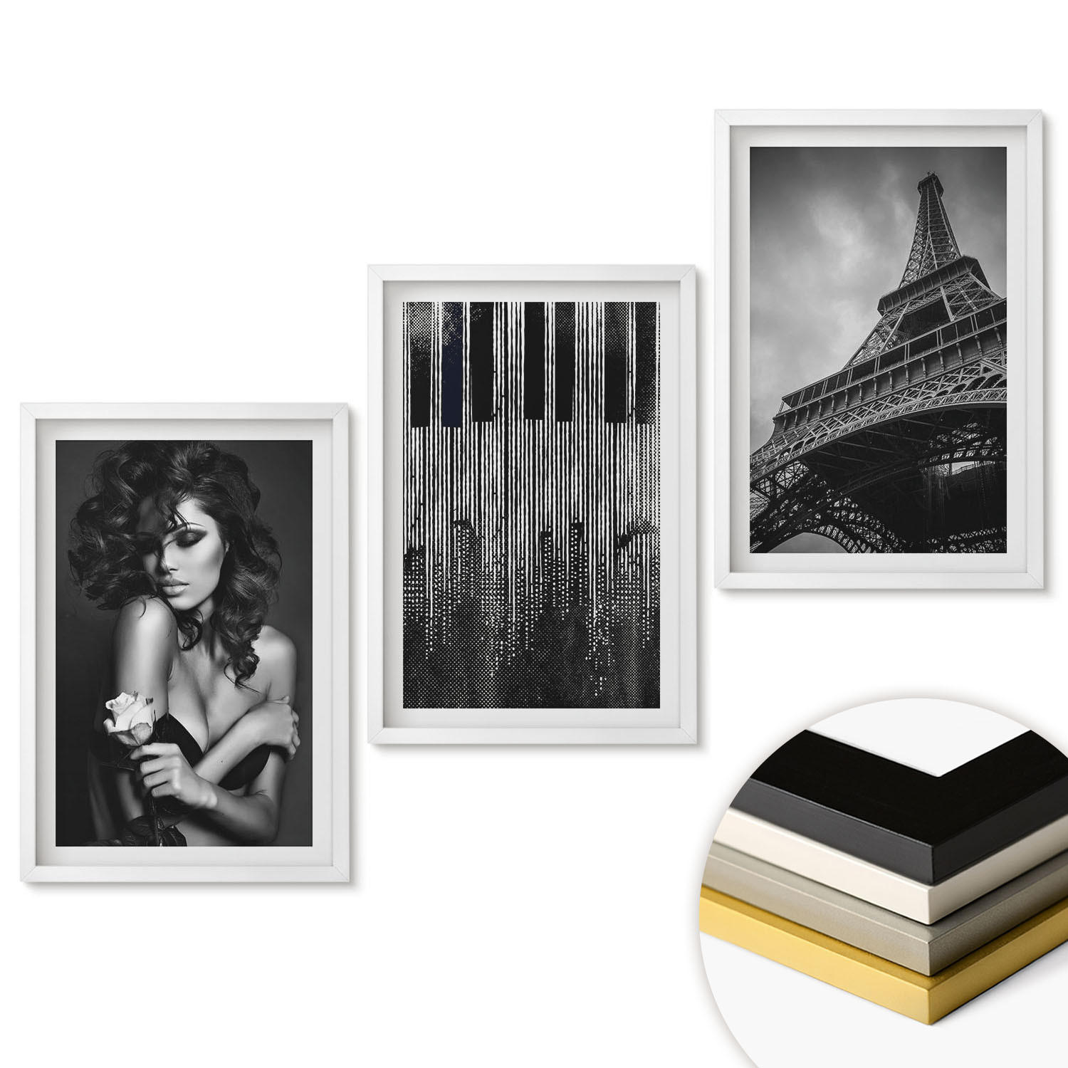 WANDBILDER 3er-Set - 40x60 cm Weißer Rahmen - Porträt einer Frau mit einer Eiffel-Rose - Weiß, Kunststoff (40/60cm) - ArtPrintCave