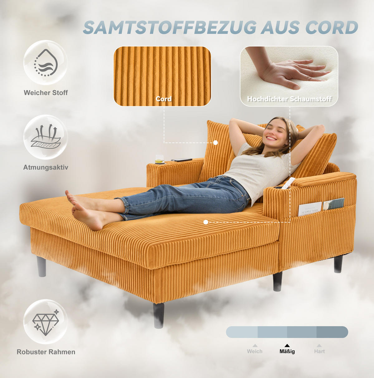 CHAISELONGUE 129/170/70 cm aus Cord mit LED-Beleuchtung, USB-Anschluss, Stauraum und Becherhaltern, Senfgelb - Gelb, Textil (170/70/129cm) - Redom