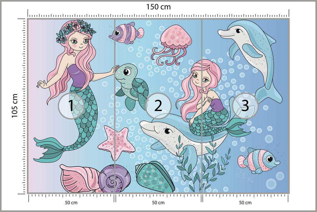 FOTOTAPETE für Kinderzimmer Meerjungfrauen Delfine Fische Muscheln Qualle Schildkröte 150x105 - Multicolor, Papier (150/105cm) - Muralo