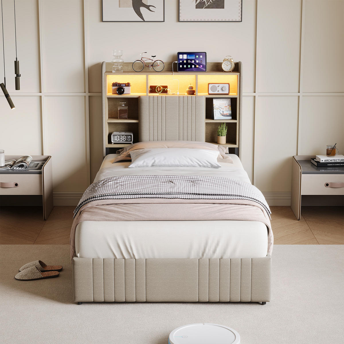 POLSTERBETT 90x200 cm LED USB 2 Schubladen Stauraum Kopfteil Leinen beige - Beige, Holz (90/200cm) - LEBENLANG