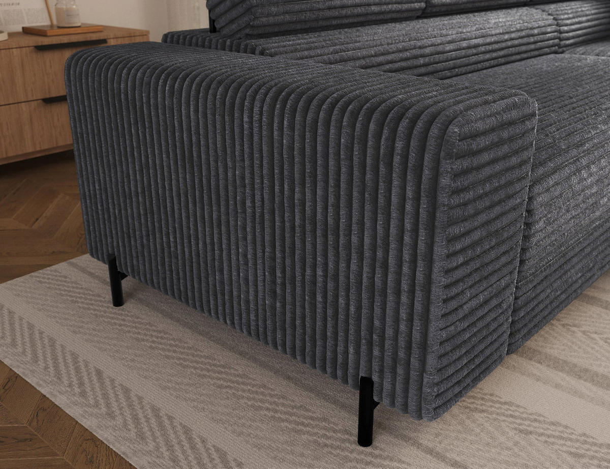 ECKSOFA COLESIO L-Form, Schlaffunktion, Bettkasten, verstellbare Kopfstützen, Wellenfederung, Metallfüße, breiter Cordstoff - Anthrazit/Schwarz, Kunststoff/Metall (204/269cm) - Wohnideebilder