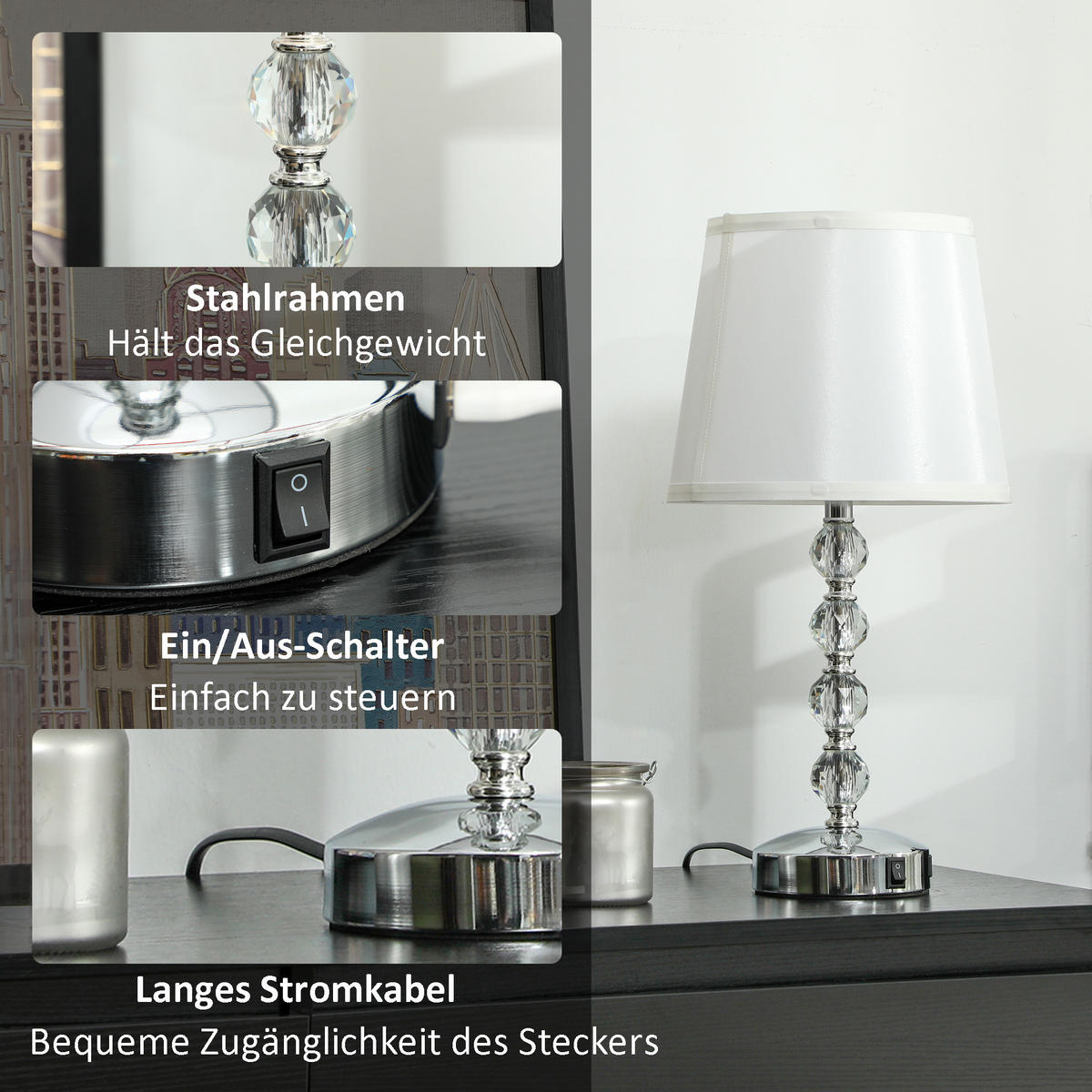 TISCHLAMPE LED Tischleuchte USB Aufladbar, Silber 23 x 23 x 45 cm - Weiß, Metall (23/23/45cm) - HOMCOM