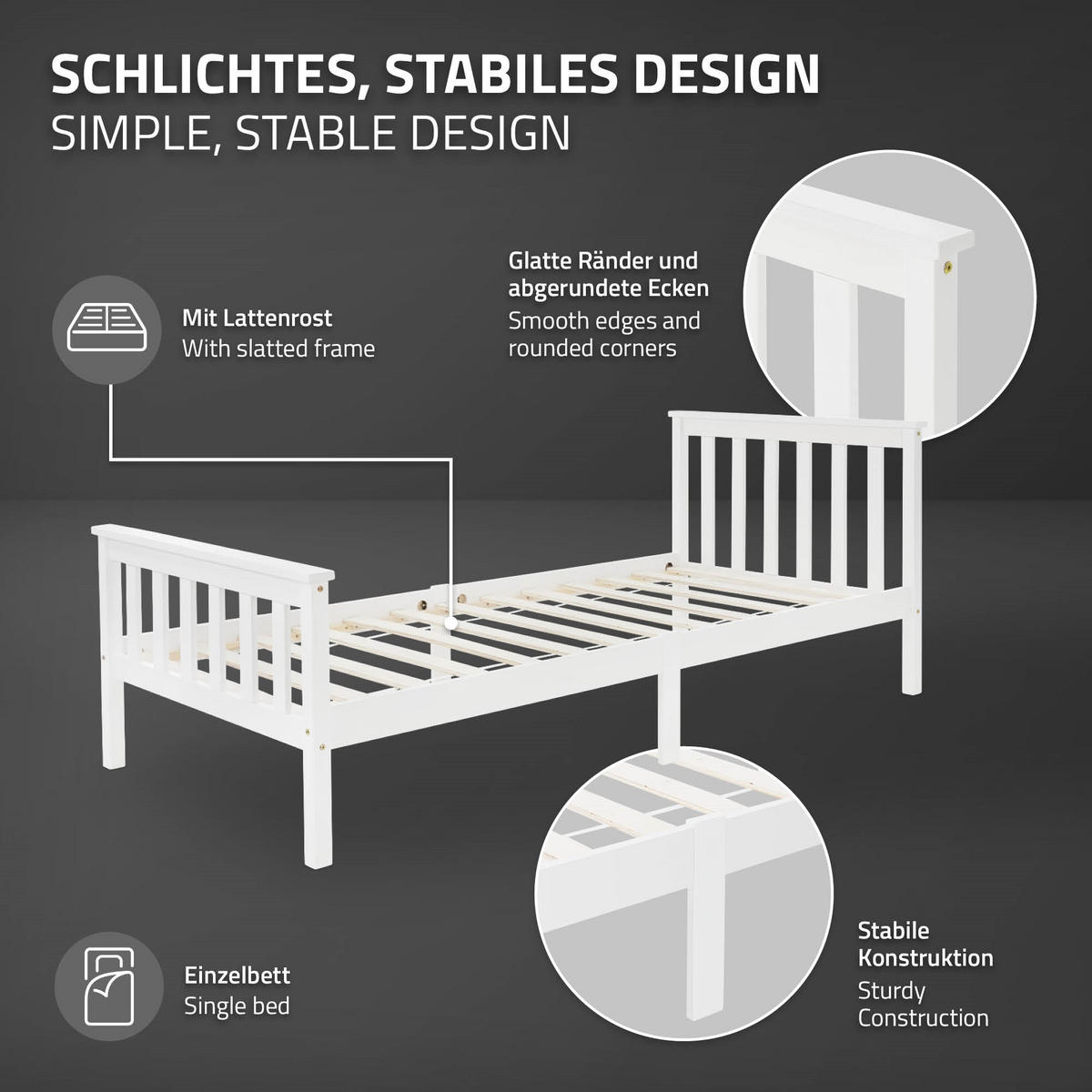 HOLZBETT mit Matratze 90x200 cm Weiß aus Kiefernholz - Weiß, Holz (90/200cm) - ML-DESIGN