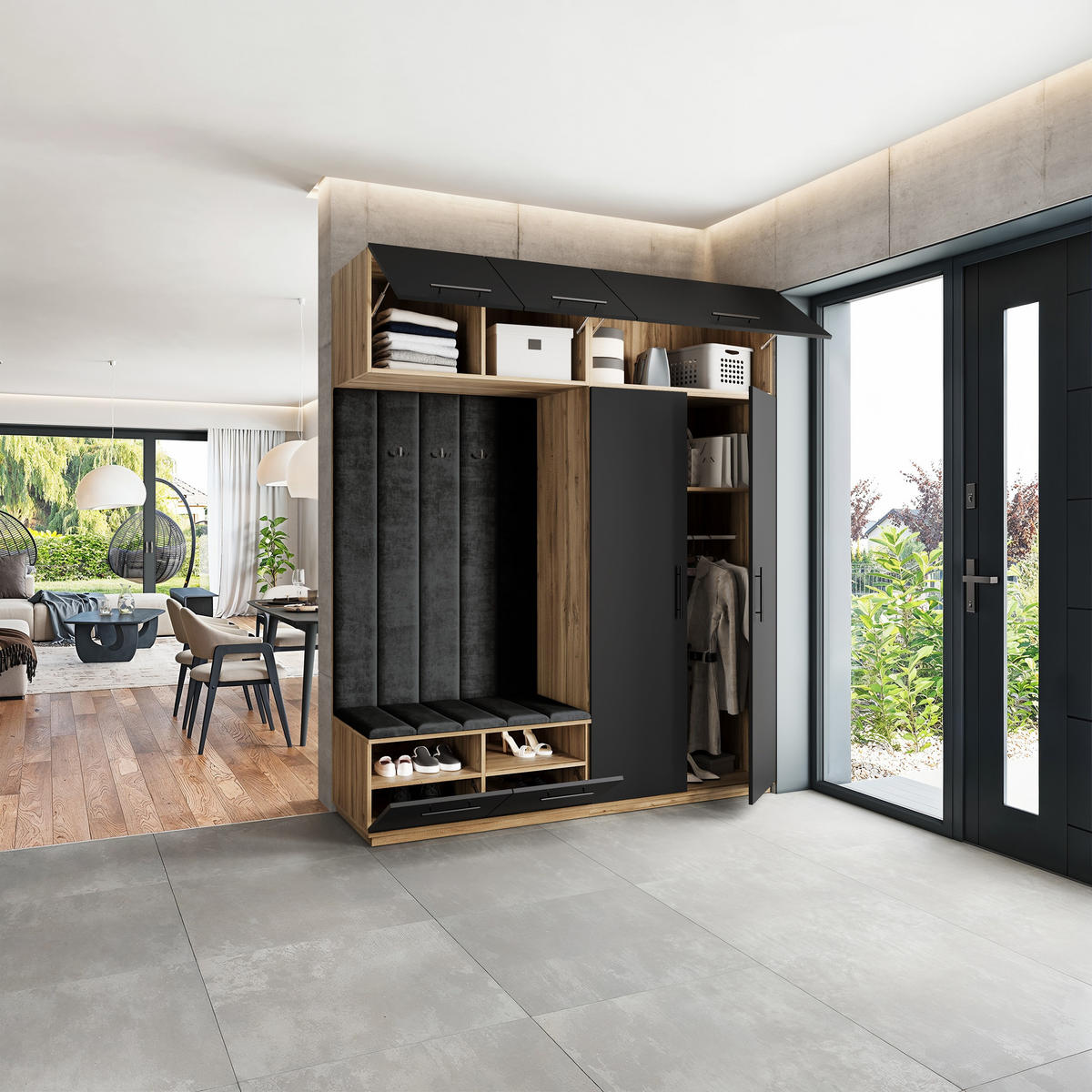 GARDEROBENSCHRANK REMA 200/240/60 cm Modern Eiche Wotan - Eiche Wotan/Schwarz, Holzwerkstoff (200/240/60cm) - MASSENO