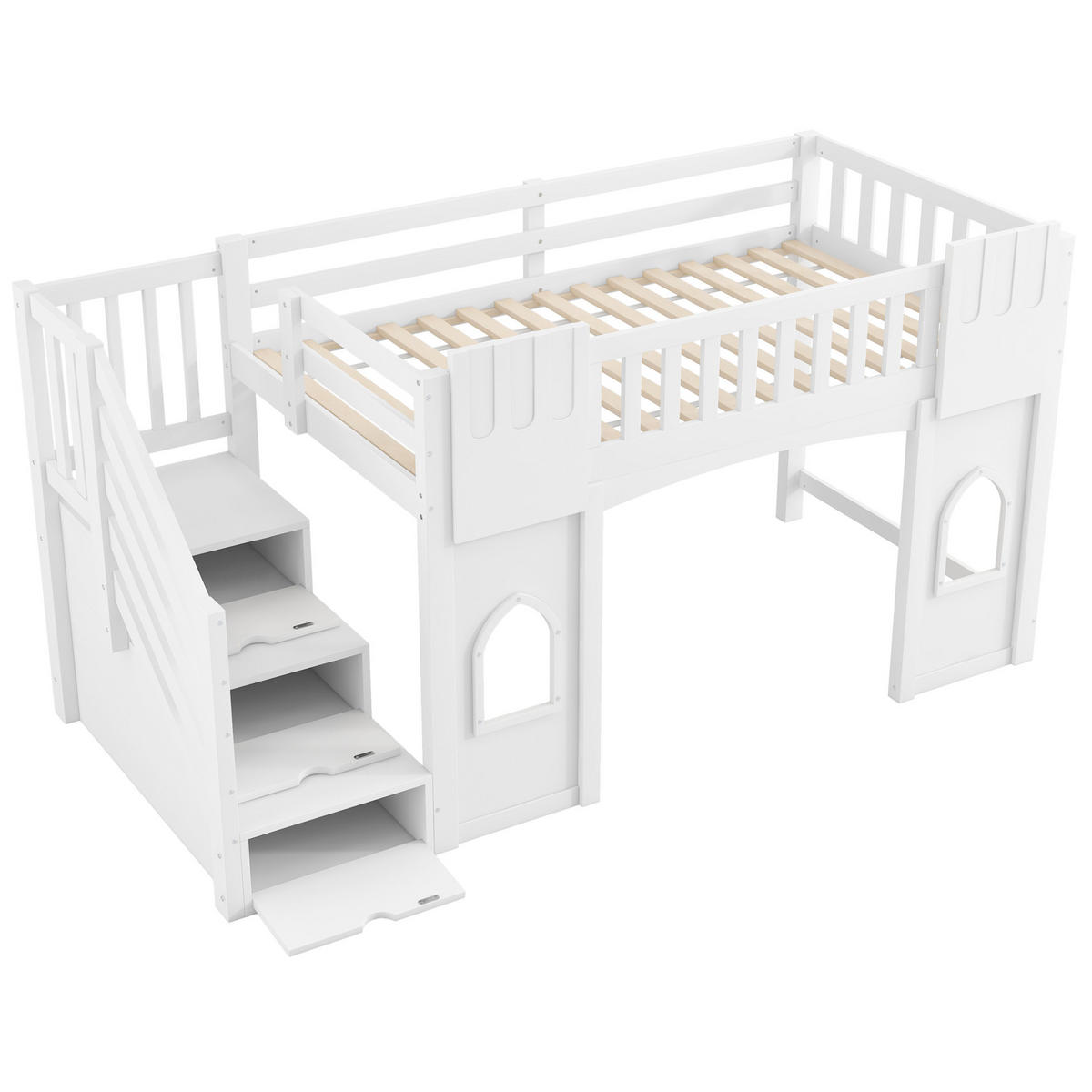 HOCHBETT 90/200 cm mit Stauraumtreppe, Fenstern und Rundum-Schutz, Weiß - Weiß, Holzwerkstoff (90/200cm) - Redom