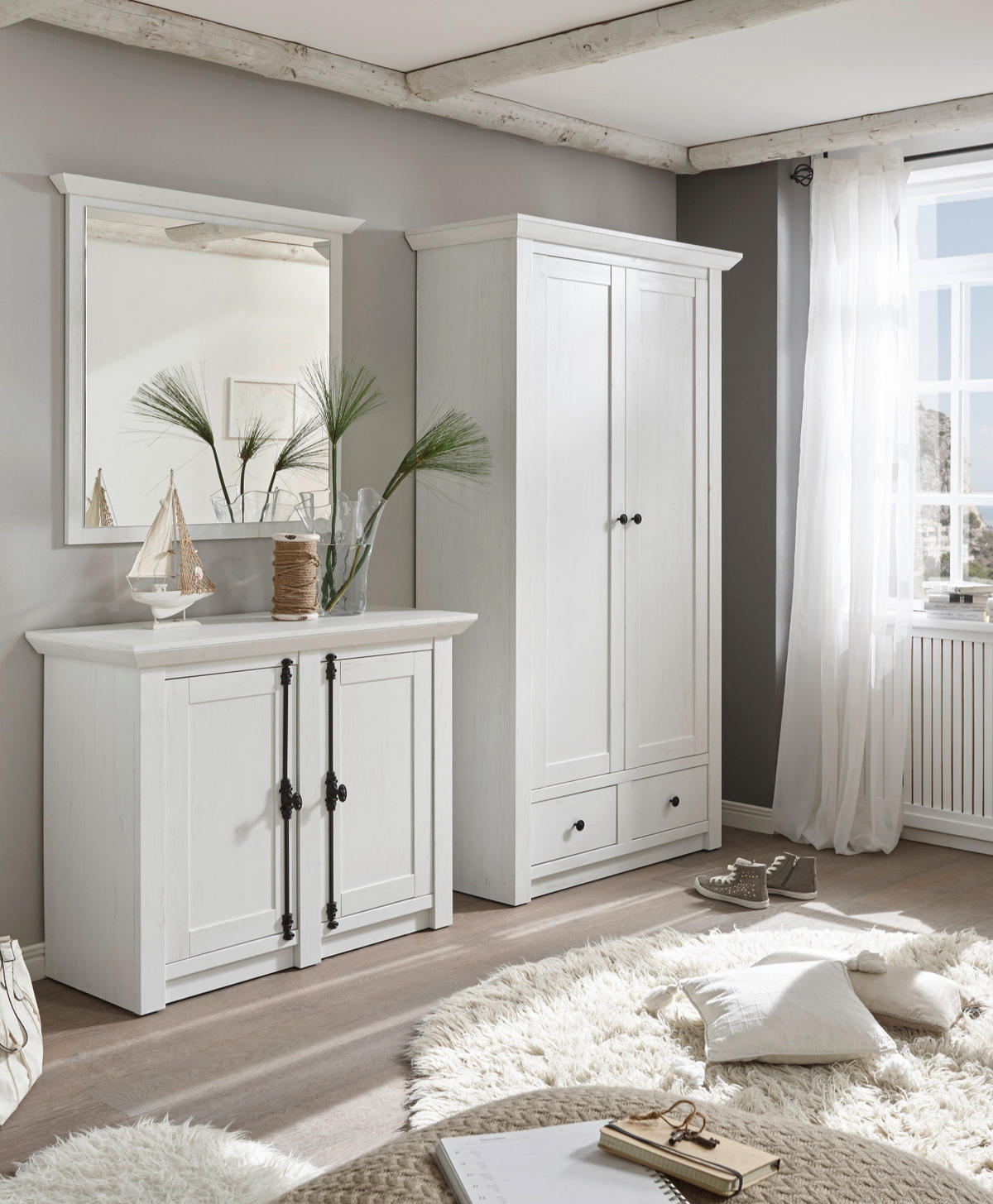GARDEROBE Pinie weiß Set 3-teilig 220 cm, Komplettset Landhaus - Schwarz/Weiß, Glas/Holzwerkstoff (220/206/45cm) - Furn.Design