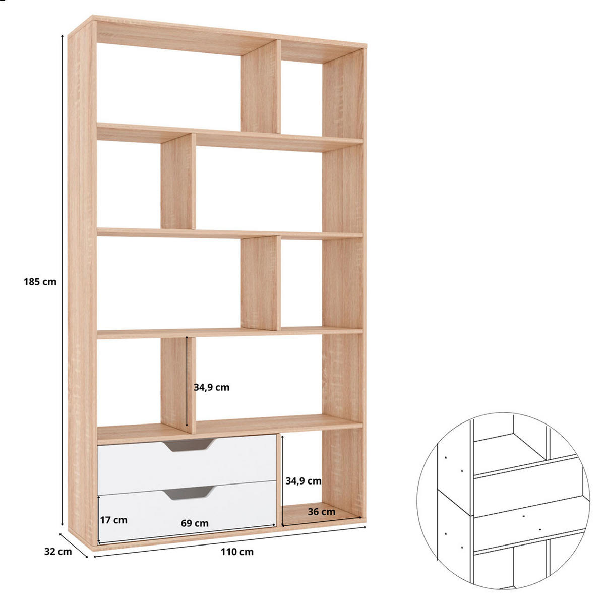 BÜCHERREGAL Roberto Sonoma Eiche / weiß 110 / 32 / 185cm - Eichefarben/Weiß, Holz/Holzwerkstoff (110/185/32cm) - Feldmann-Wohnen