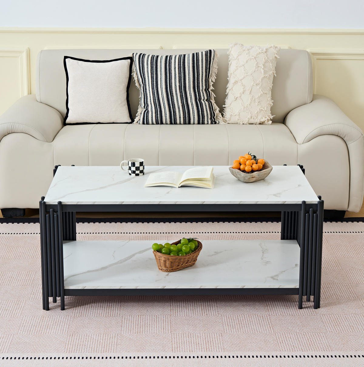 COUCHTISCH 114/64/46 cm weiß/schwarz aus MDF und Metall mit 2 Ablagen - Schwarz, Holzwerkstoff (114/64/46cm) - OKMYHOME
