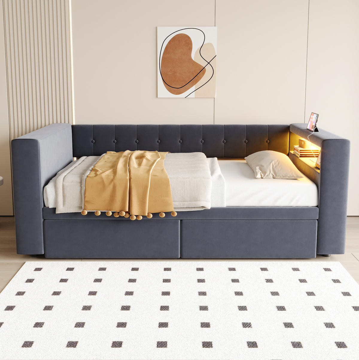 POLSTERBETT 90/190 cm dunkelgrau mit LED-Beleuchtung und großem Stauraum - Dunkelgrau, Textil (90/190cm) - OKWISH