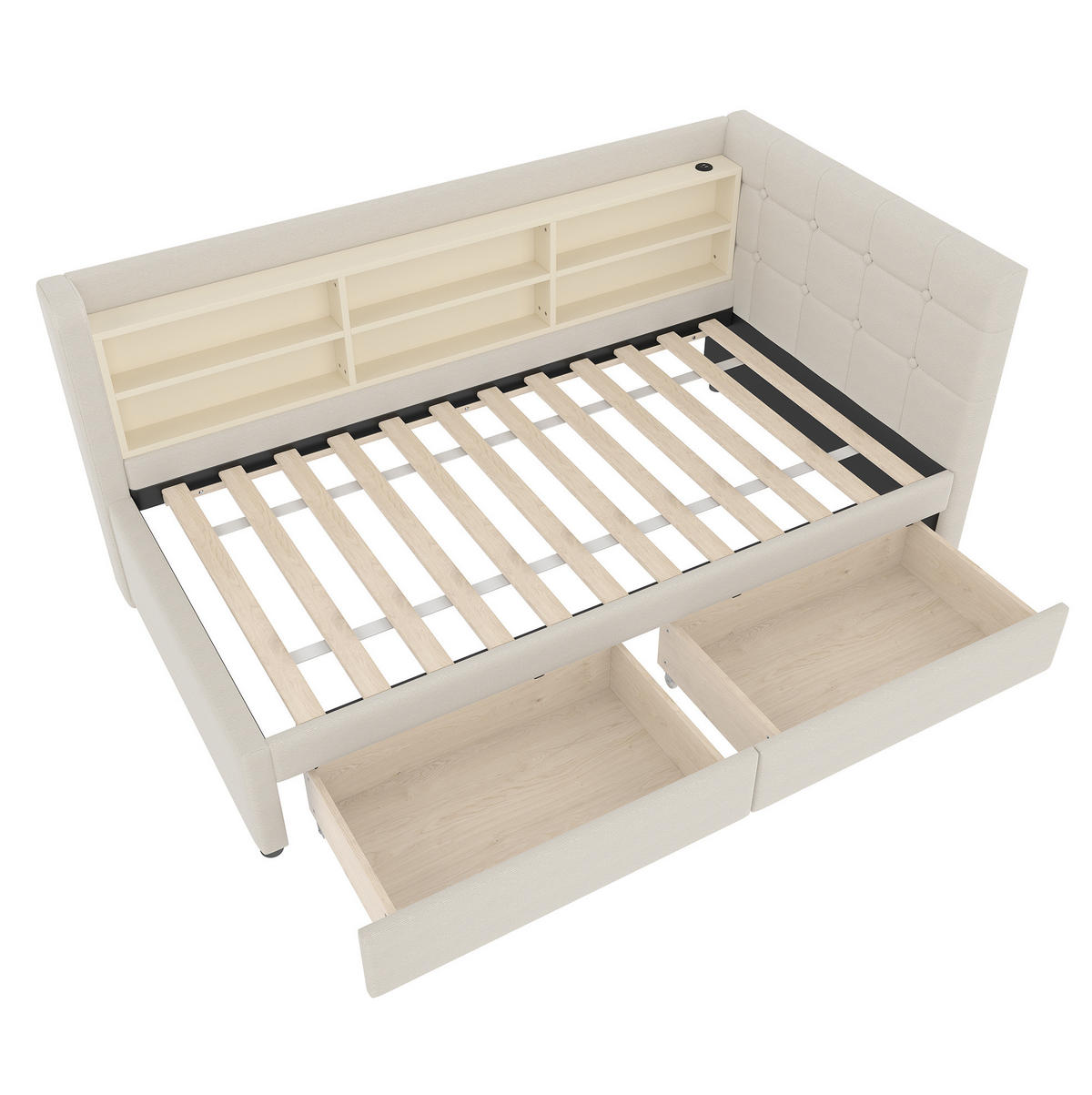 POLSTERBETT 90/200 cm mit Schubladen, USB-C und gepolstertem Kopfteil in Beige - Beige, Textil (90/200cm) - BEAOK
