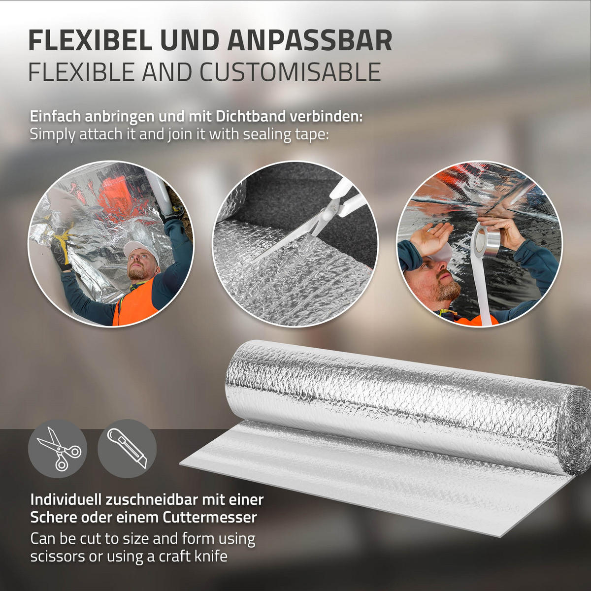 ISOLIERFOLIE 1 x 20 m für Wärmedämmung und Kälteschutz Doppelseitige Alu-Dämmfolie 6mm Dicke - Silberfarben, Kunststoff/Metall (100/0.6/2000cm) - ECD-Germany