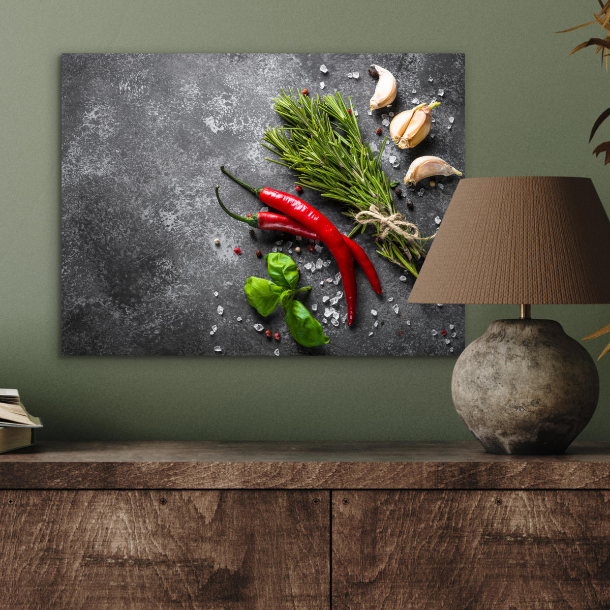 KOVOVÝ OBRAZ Korenie - bylinky - korenie - betón 40x30 cm - tmavosivá, kov (40/30cm) - MuchoWow