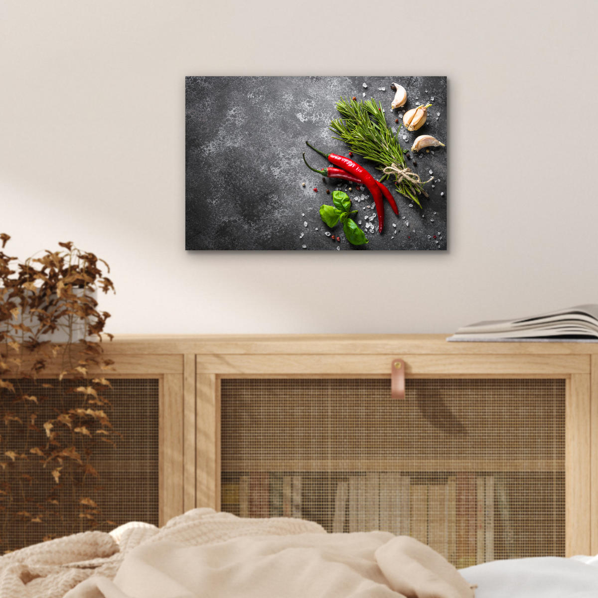 KOVOVÝ OBRAZ Korenie - bylinky - korenie - betón 30x20 cm - tmavosivá, kov (30/20cm) - MuchoWow