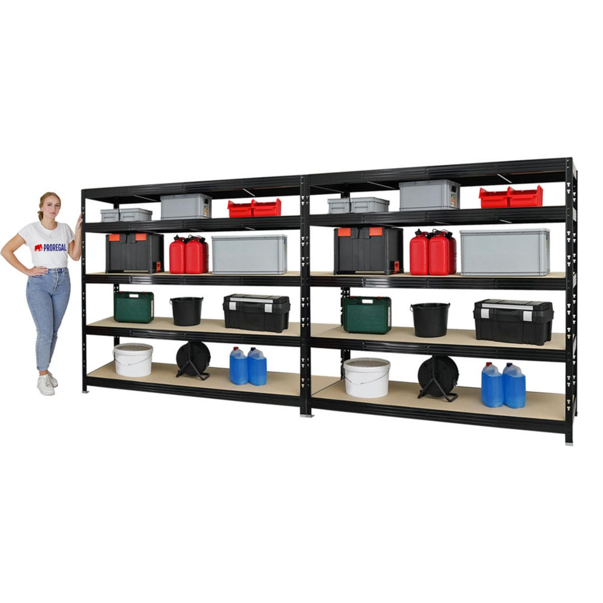 SCHWERLASTREGAL Rhino 2er-Set mit 2x 180x200x60 cm 5 Spanplatten-Ebenen 8mm Fachlast 500 kg Schwarz - Schwarz, Metall (400/180/60cm) - PROREGAL