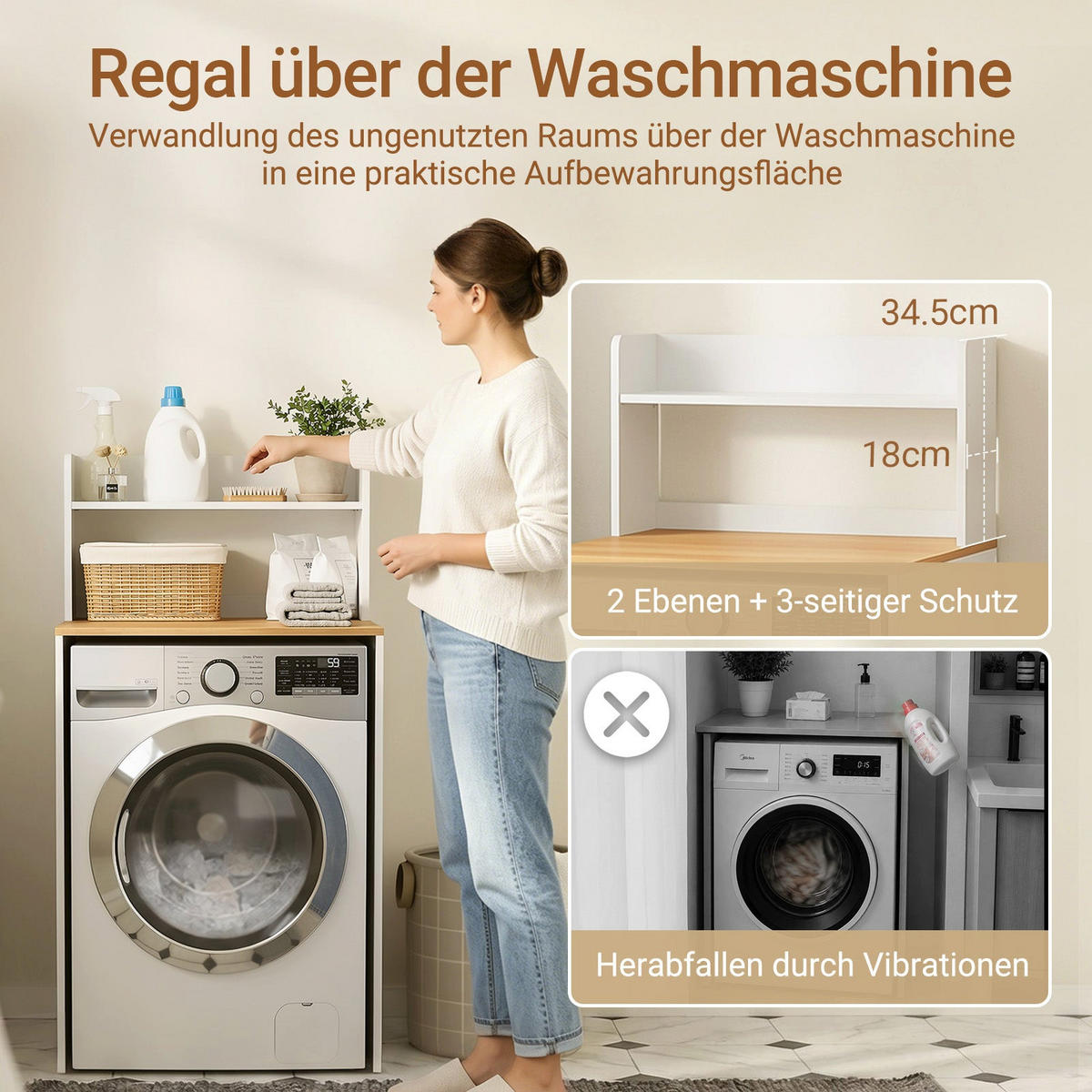 WASCHMASCHINENSCHRANK mit Regal Weiß Natur 66x60x127cm - Weiß, Holzwerkstoff (65/126/60cm) - SoBuy