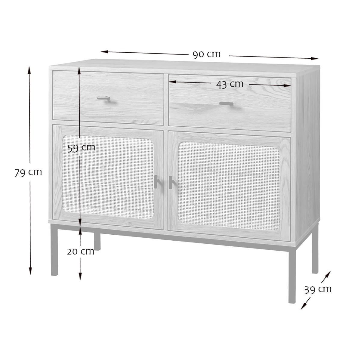 KOMMODE 2 Türen und 2 Schubladen mit Rattangeflecht - L90cm - Eichefarben, Holzwerkstoff (39/79/90cm) - Calicosy