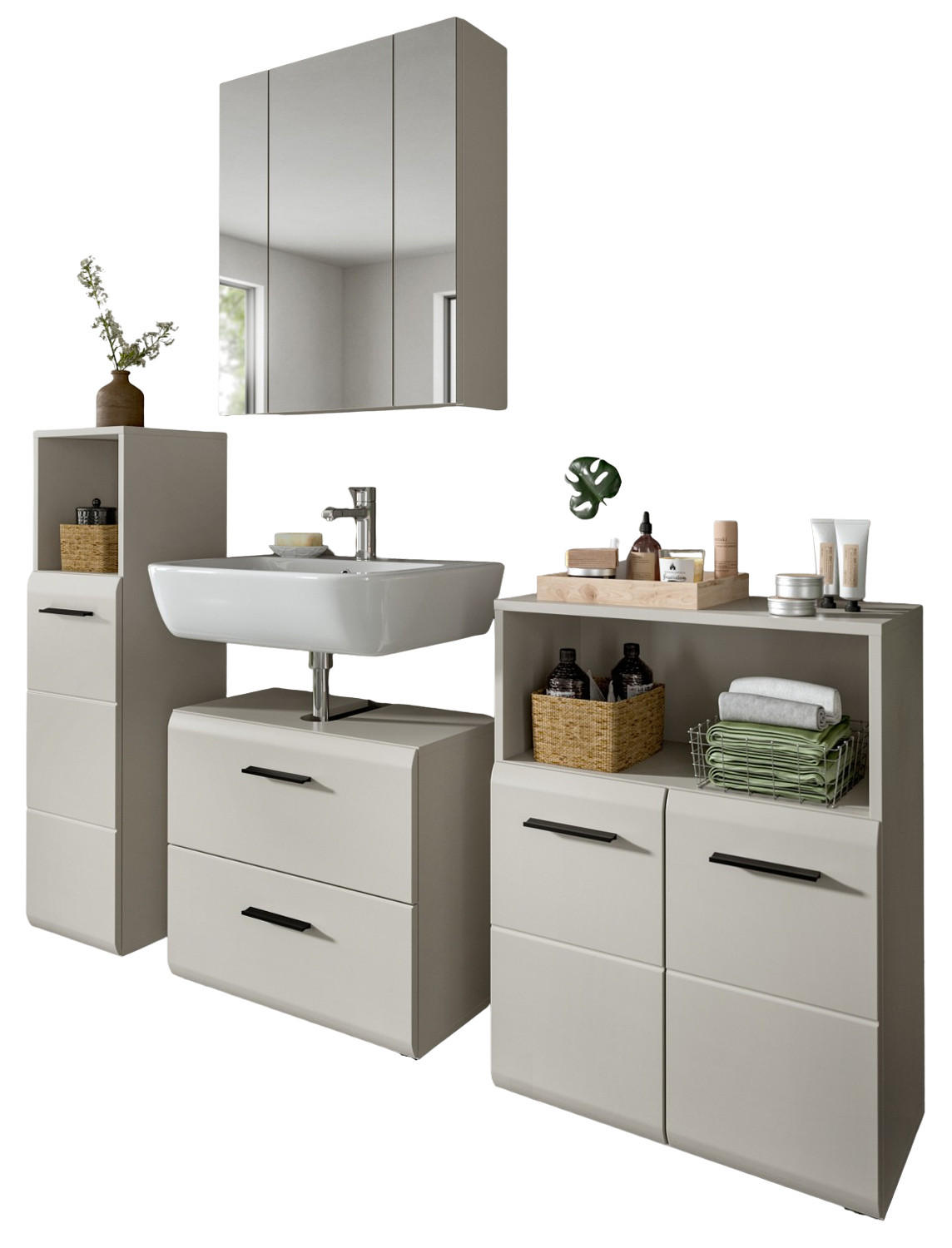 BADMÖBEL-SET Kaschmir 4-teilig 180 cm, Badkombination in modernem Design - Kaschmir/Schwarz, Glas/Holzwerkstoff (180/185/30cm) - Inn.Furn